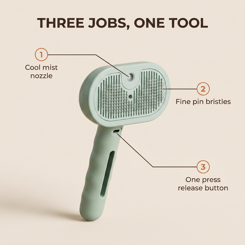 Three jobs one tool: cool mist nozzle, fine pin bristles, one press release button