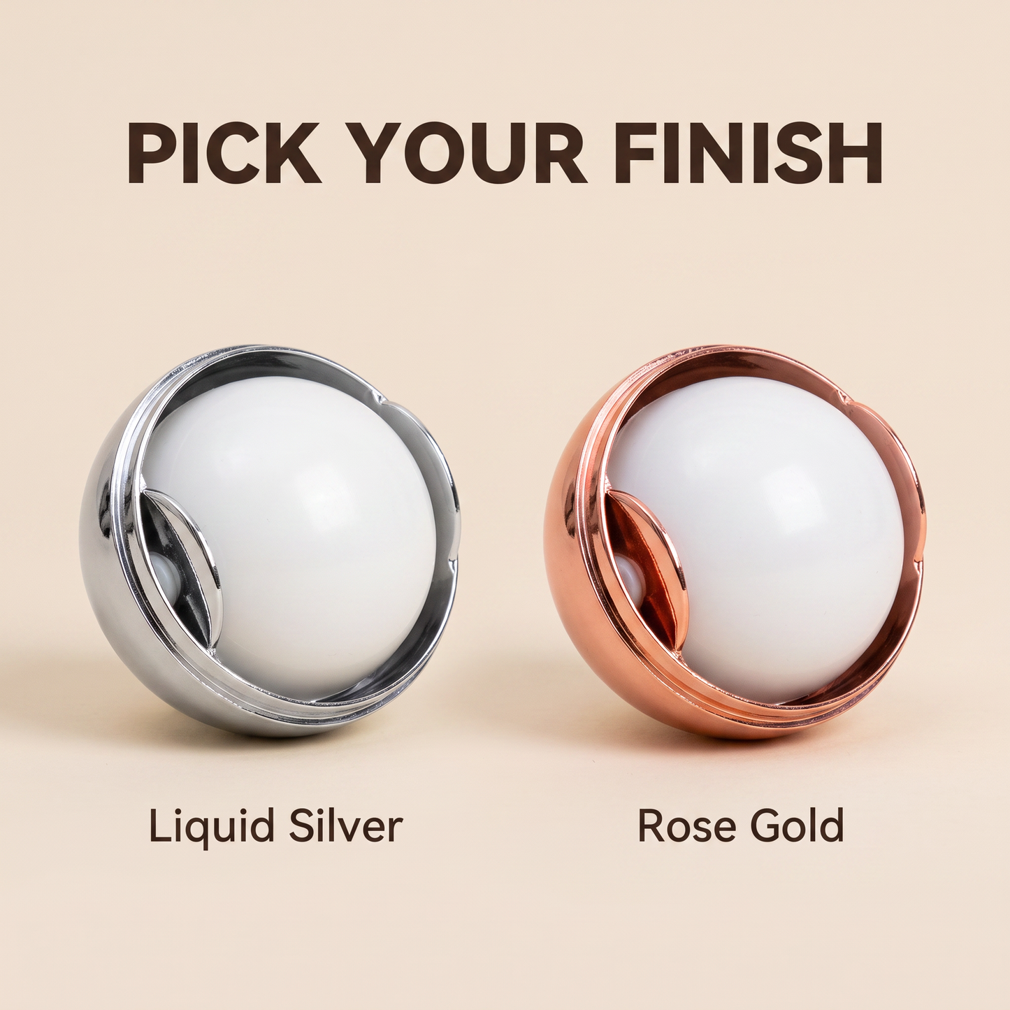 The lint remover ball in liquid silver and rose gold, side by side