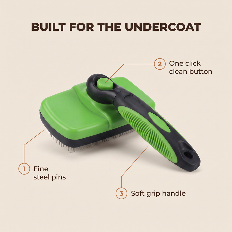 Sidekick self-cleaning slicker brush labelled: fine steel pins, one click clean button, soft grip handle