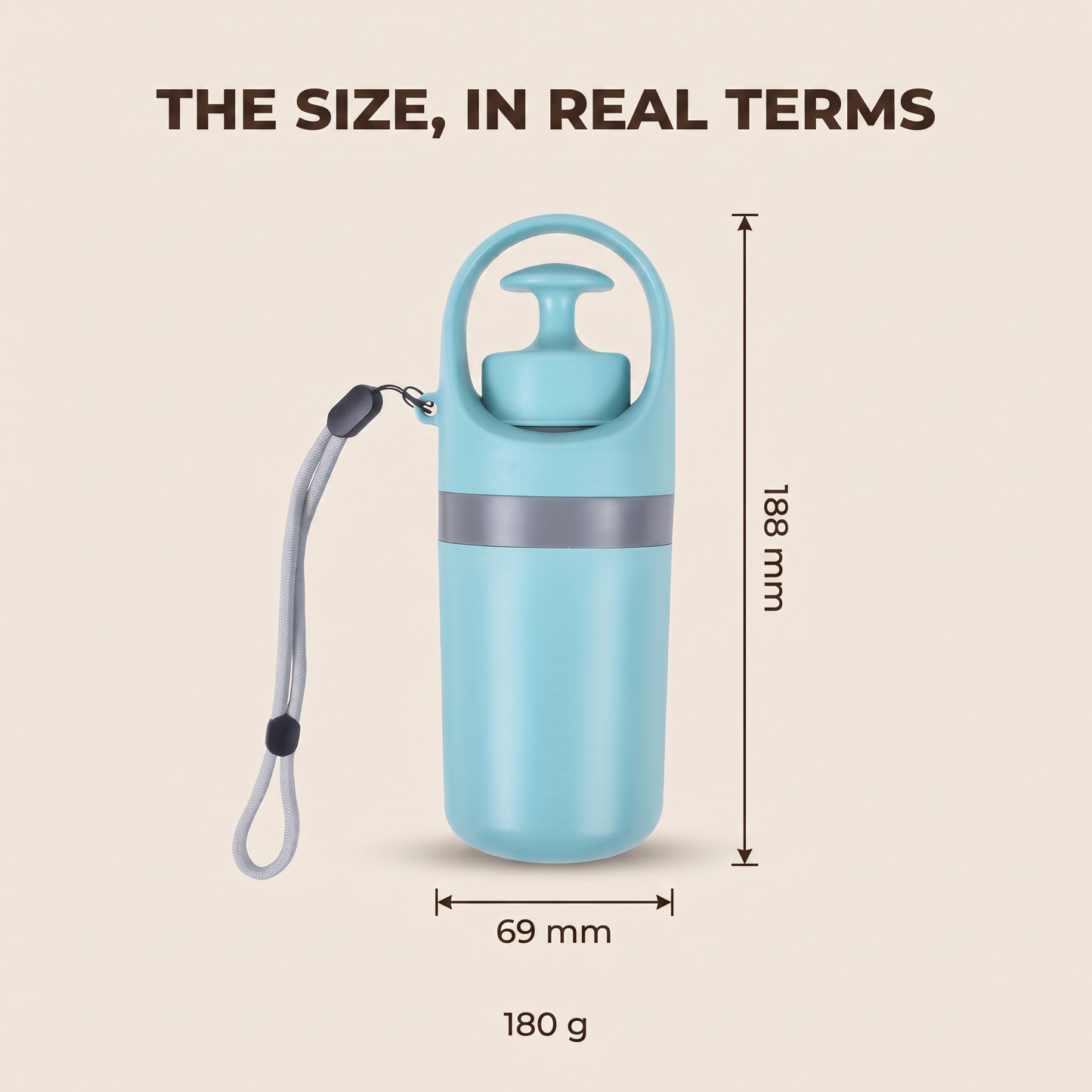 Dimensions of the pooper scooper: 69 mm wide, 188 mm tall, 180 g