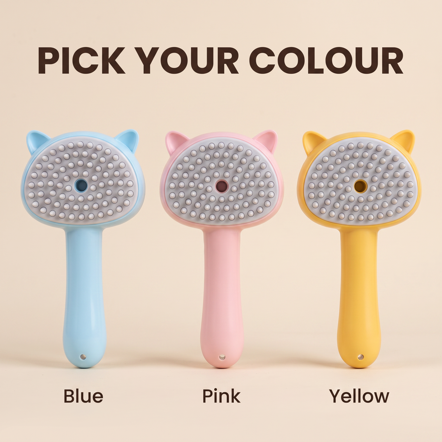 The steam grooming brush in blue, pink and yellow, side by side