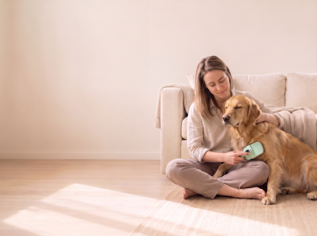 A woman sitting on the floor of a warm, sunlit living room brushing her golden retriever with a mint green Sidekick grooming brush