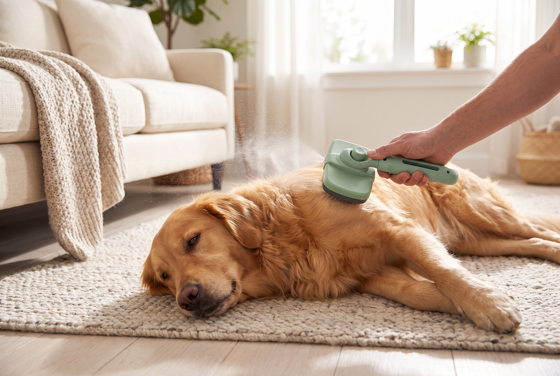 Cool mist settles the coat while brushing a relaxed dog