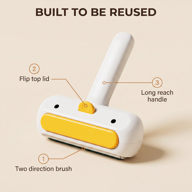 Sidekick reusable lint roller labelled: two direction brush, flip top lid, long reach handle