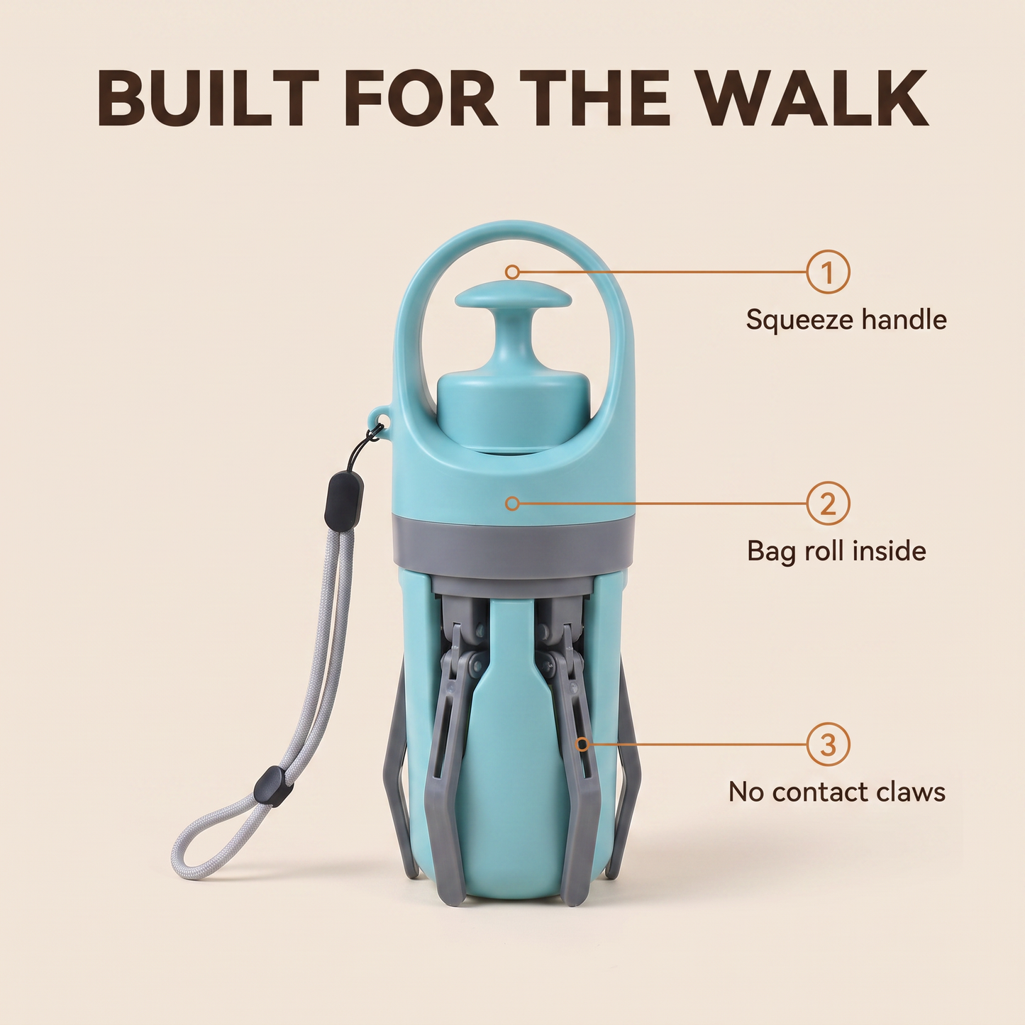 Sidekick portable pooper scooper labelled: squeeze handle, bag roll inside, no contact claws