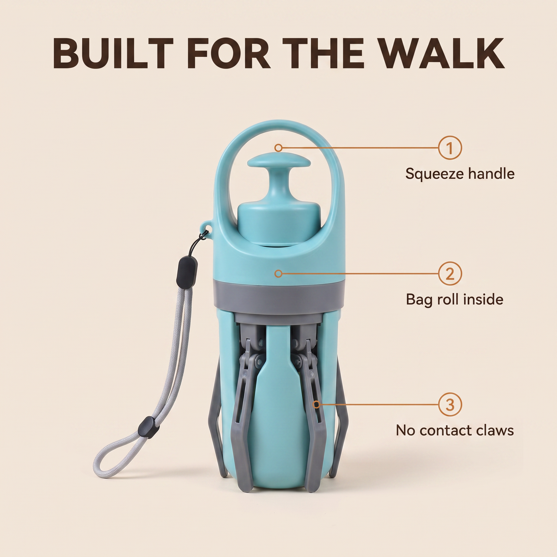 Sidekick portable pooper scooper labelled: squeeze handle, bag roll inside, no contact claws