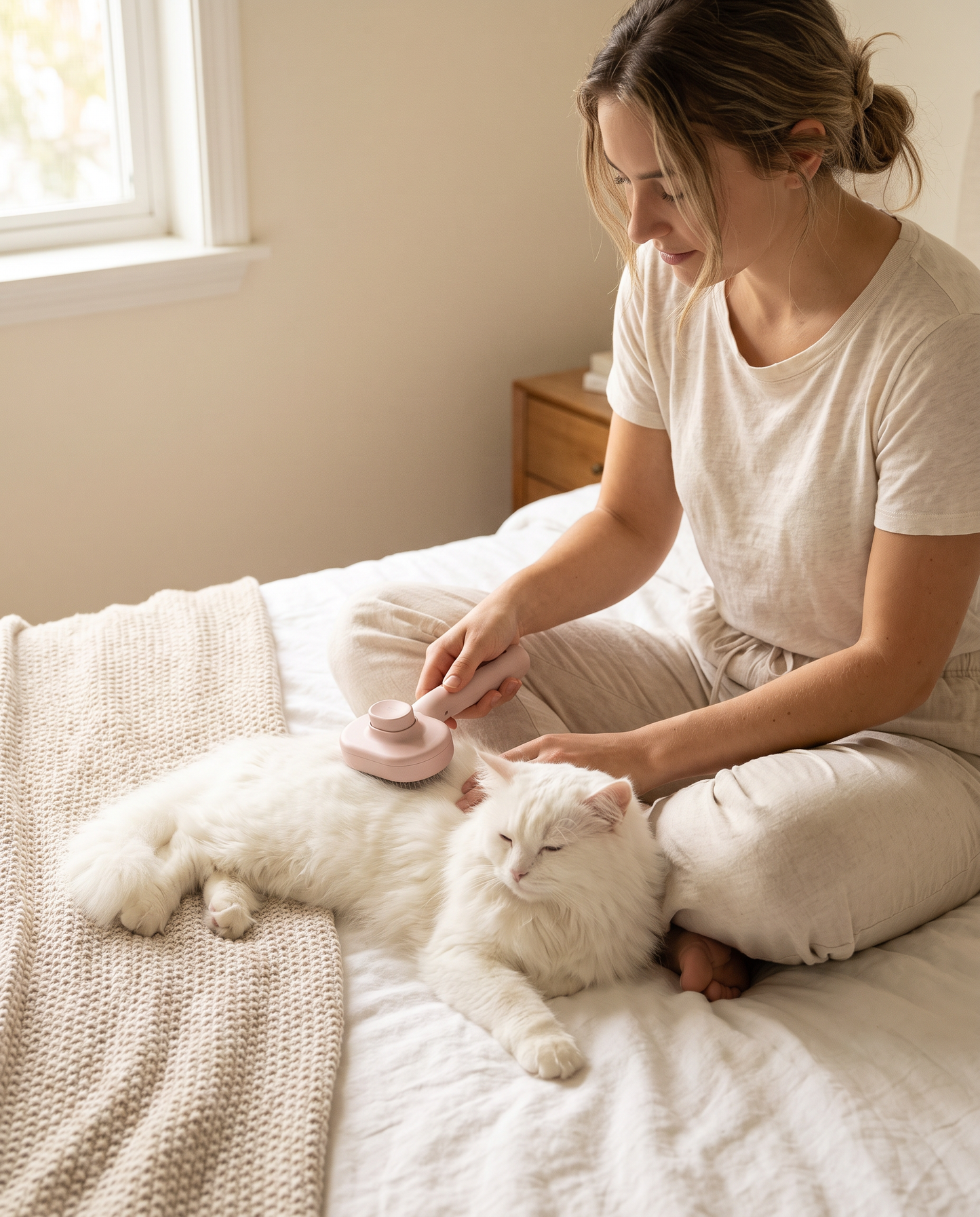 The pink mist brush being used on a white cat