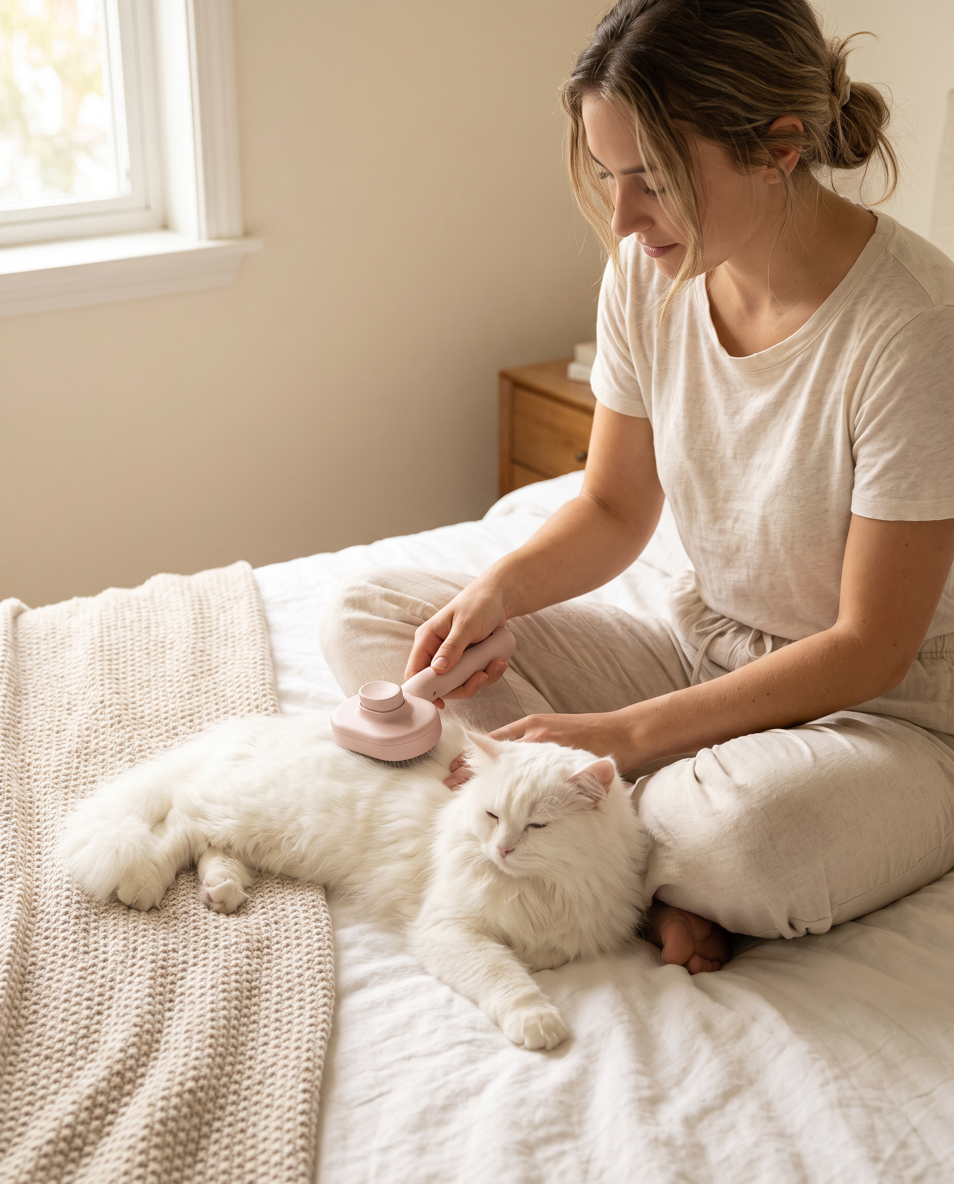 The pink mist brush being used on a white cat