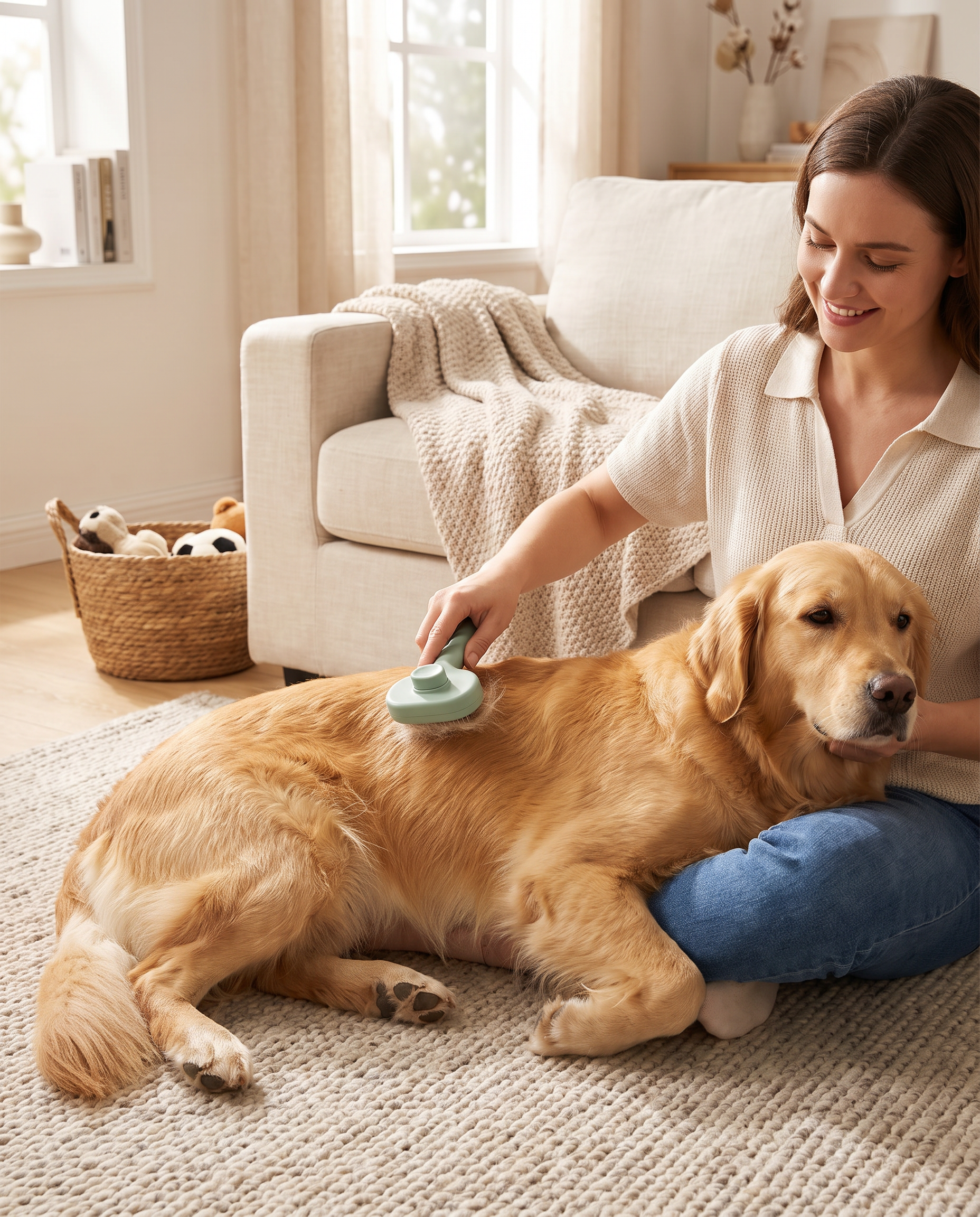 Owner brushing a golden retriever with the Sidekick Self-Cleaning Mist Brush at home