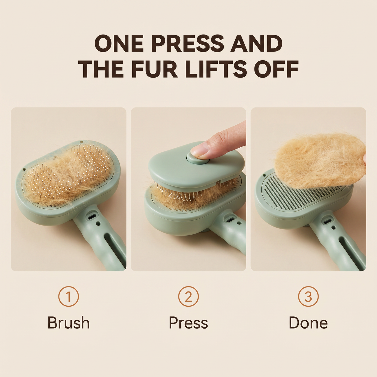 One press and the fur lifts off: brush, press, done