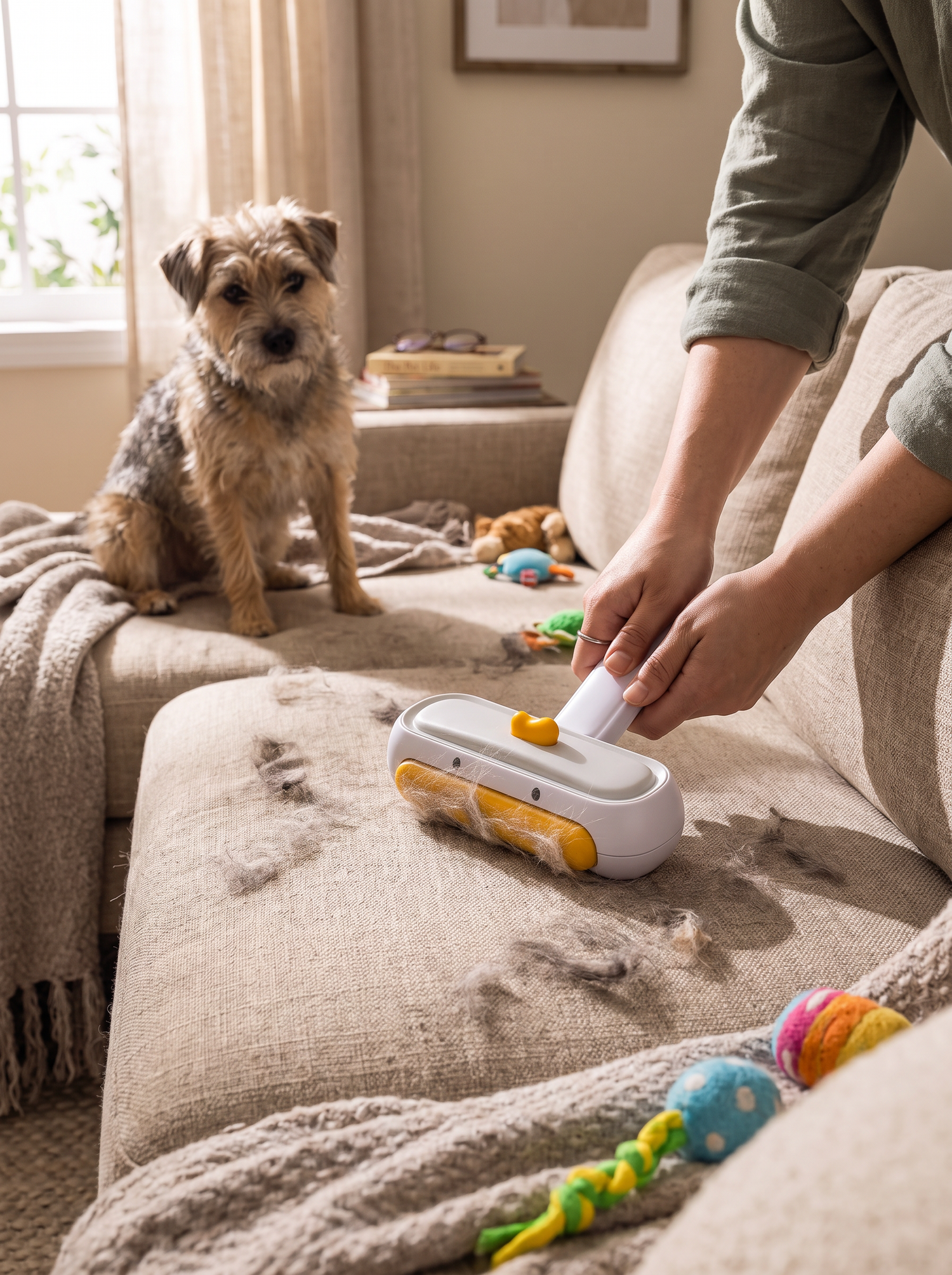Reusable lint roller clearing pet hair from a sofa