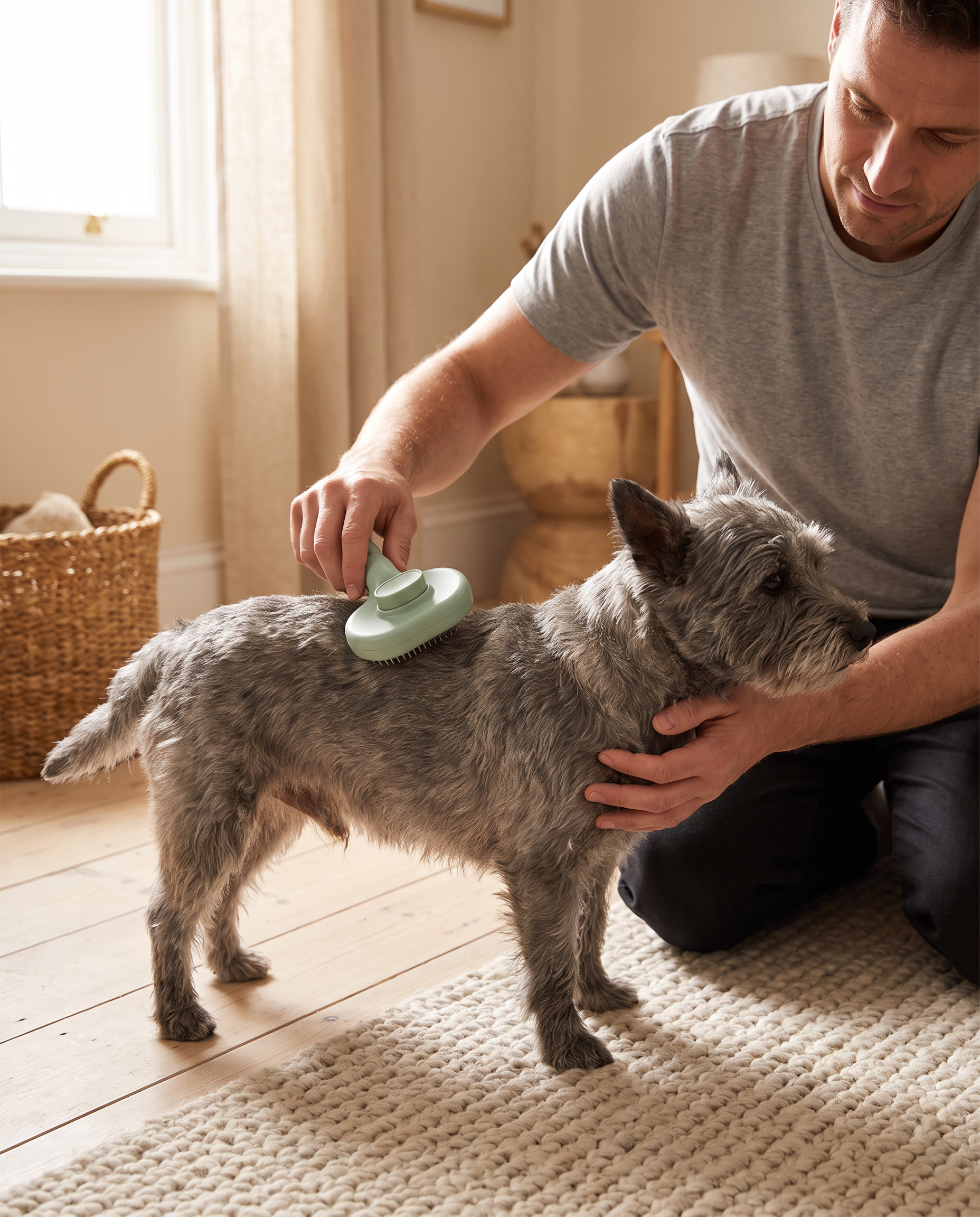 Grooming a small terrier on the floor with the green mist brush