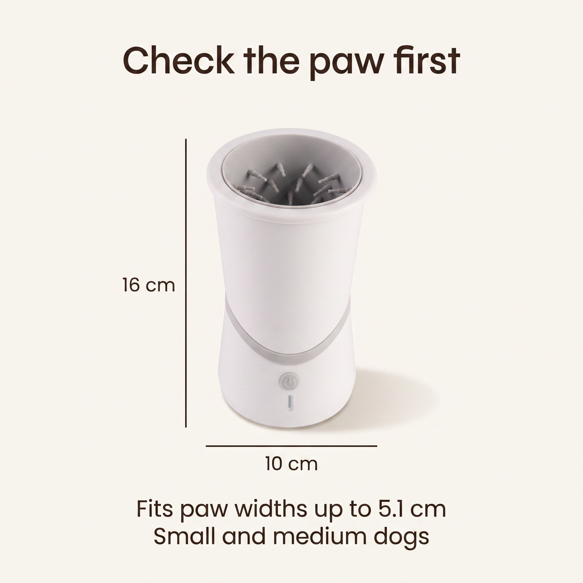 Check the paw first: 10 cm across, 16 cm tall, fits paw widths up to 5.1 cm, small and medium dogs