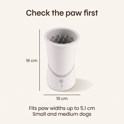 Check the paw first: 10 cm across, 16 cm tall, fits paw widths up to 5.1 cm, small and medium dogs