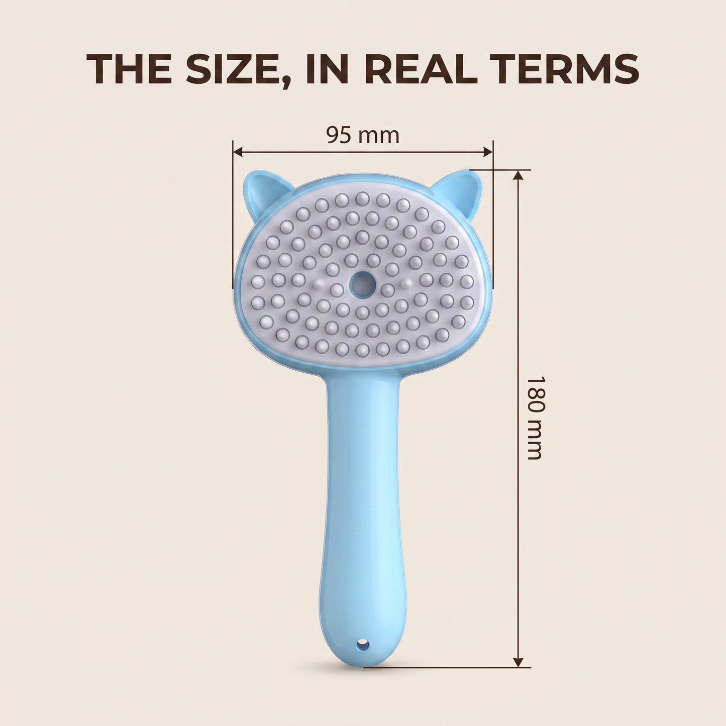 Dimensions of the steam grooming brush: 180 mm tall with a 95 mm wide head