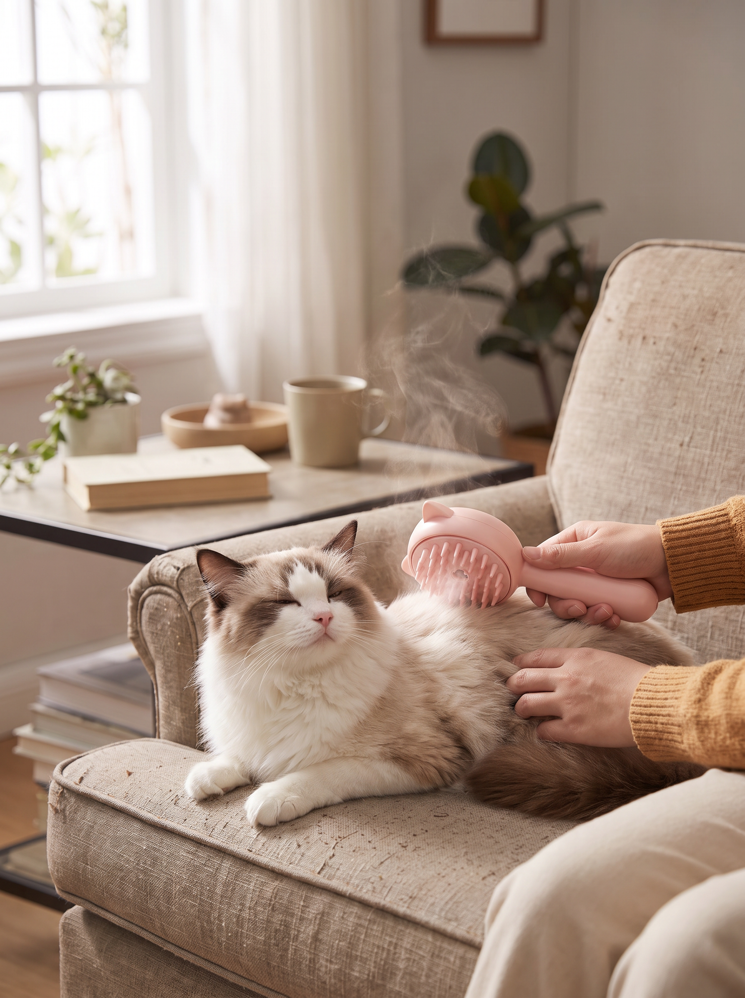 Steam grooming brush being used on a calm cat