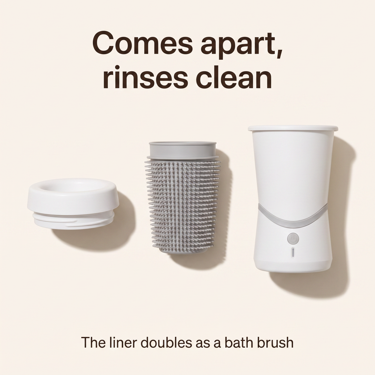 Comes apart and rinses clean: lid, silicone liner and cup. The liner doubles as a bath brush
