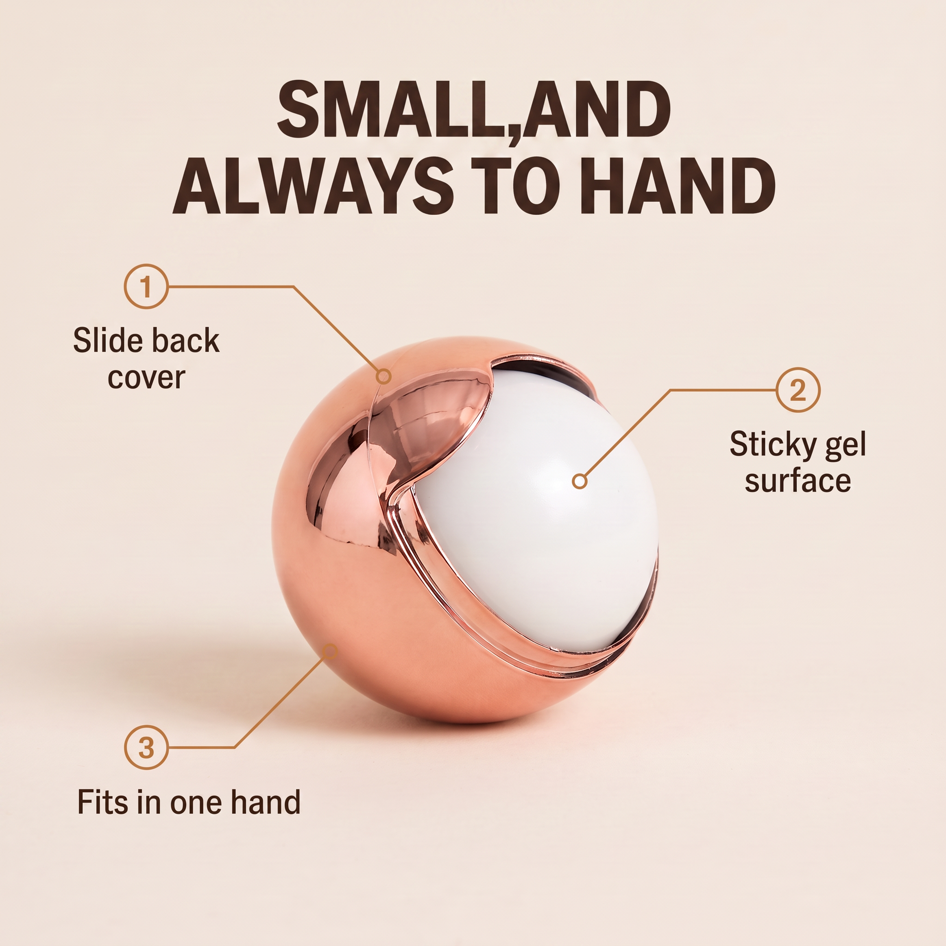 Sidekick lint remover ball labelled: slide back cover, sticky gel surface, fits in one hand