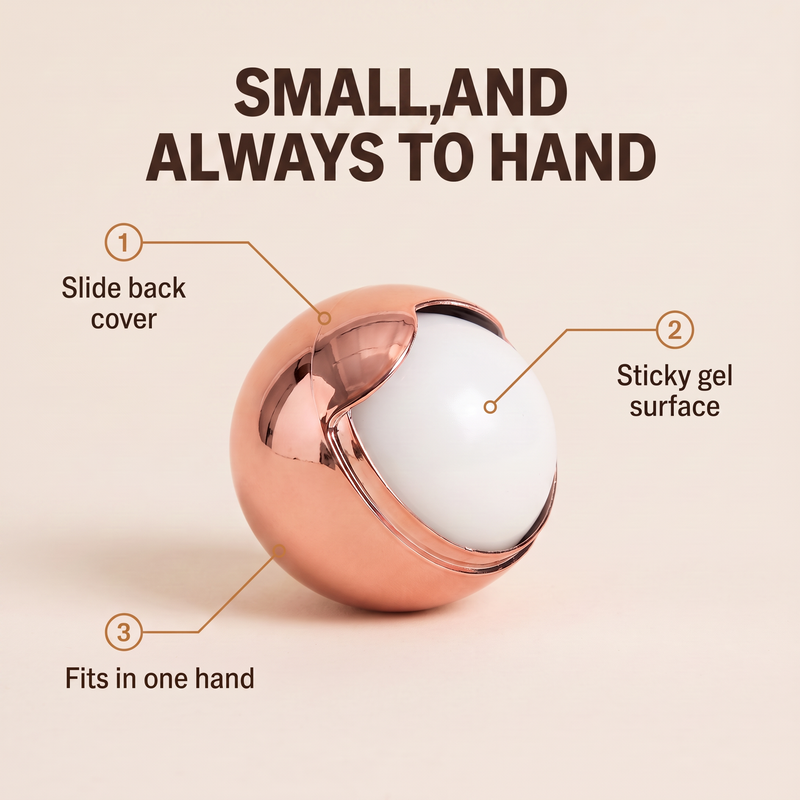 Sidekick lint remover ball labelled: slide back cover, sticky gel surface, fits in one hand