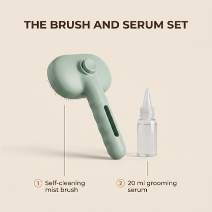 The brush and serum set: self-cleaning mist brush plus a 20 ml grooming serum