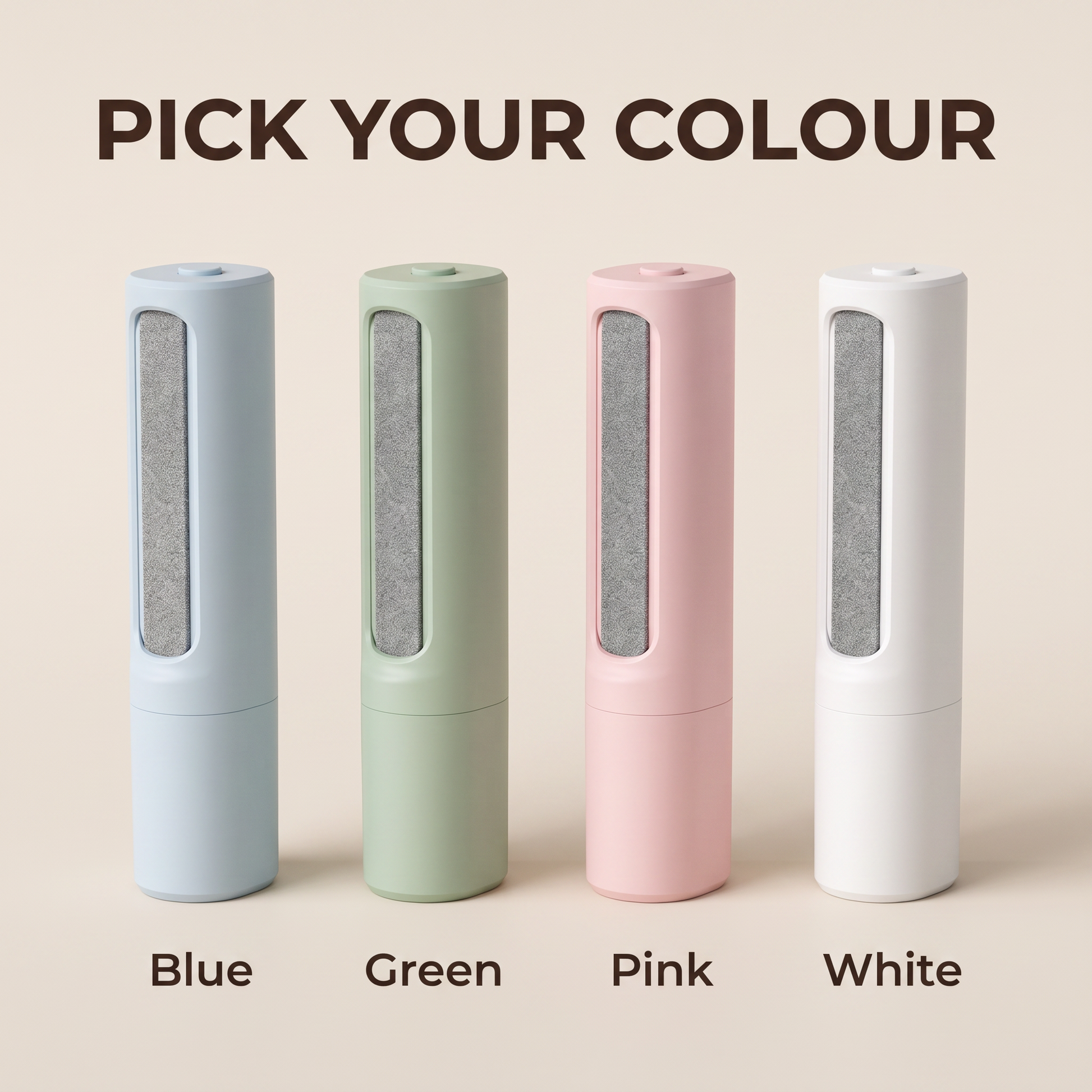 The travel lint brush in blue, green, pink and white