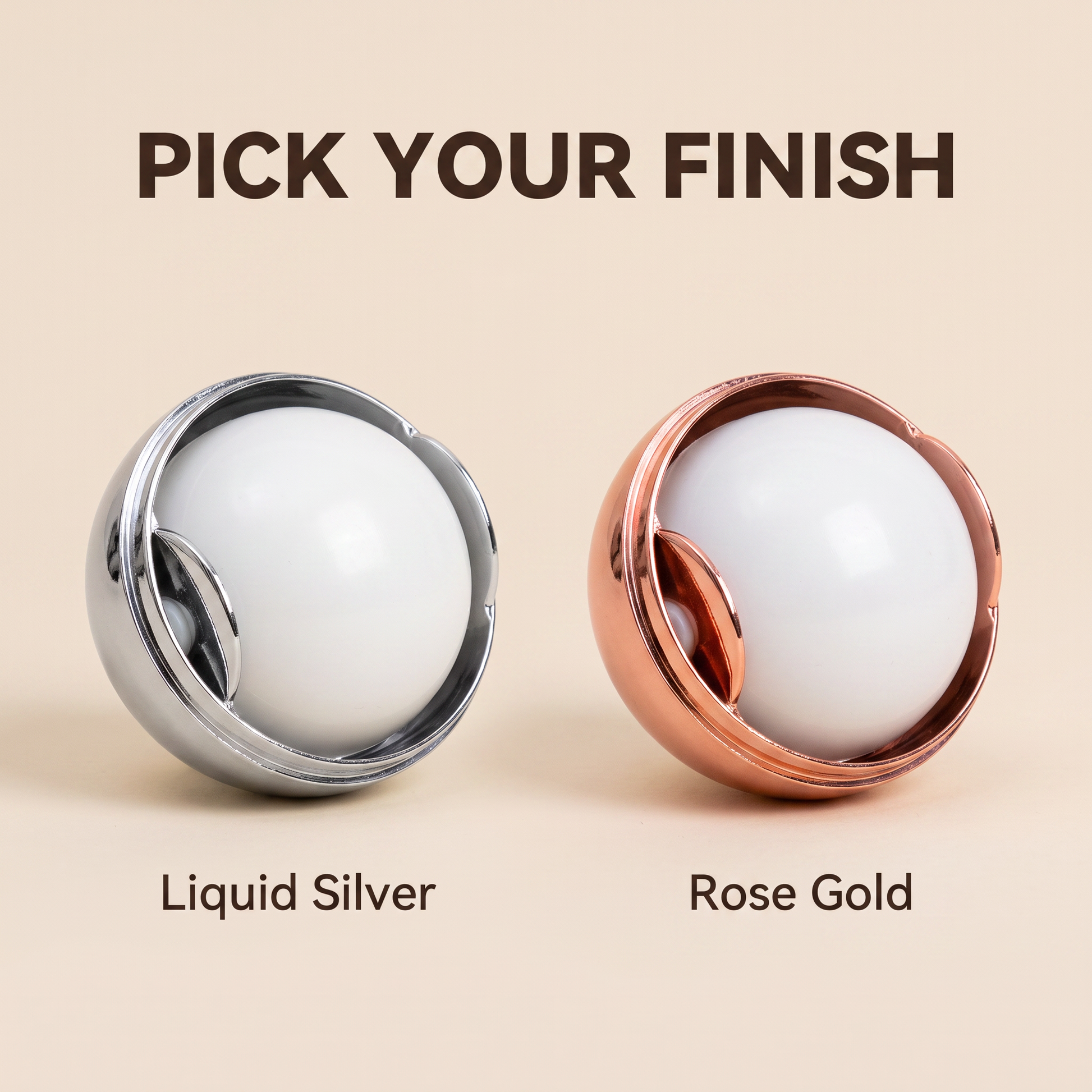 The lint remover ball in liquid silver and rose gold, side by side