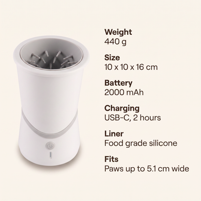 Specifications: 440 g, 10 by 10 by 16 cm, 2000 mAh, USB-C two hour charge, food grade silicone liner, paws up to 5.1 cm wide
