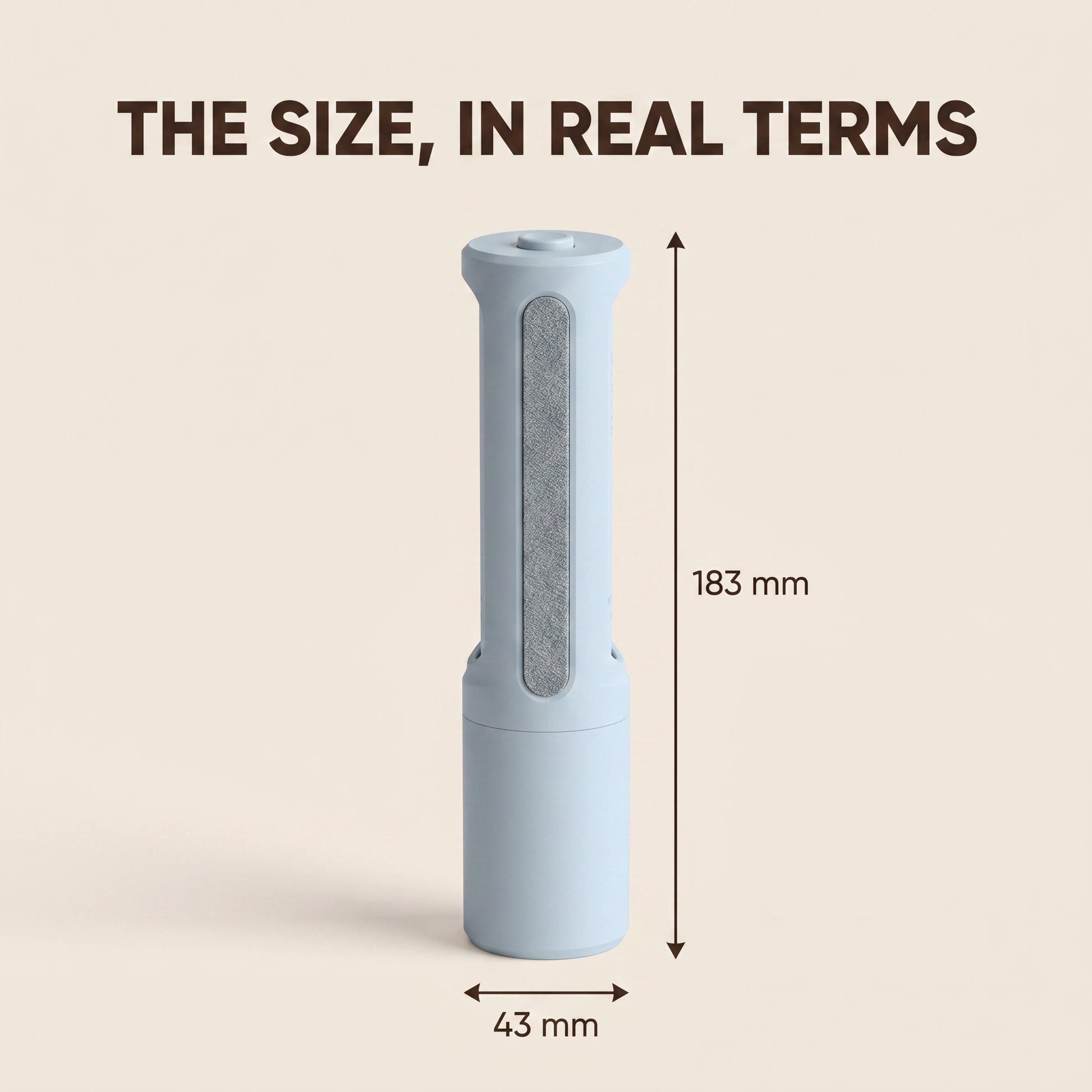 Dimensions of the travel lint brush: 43 mm wide and 183 mm tall