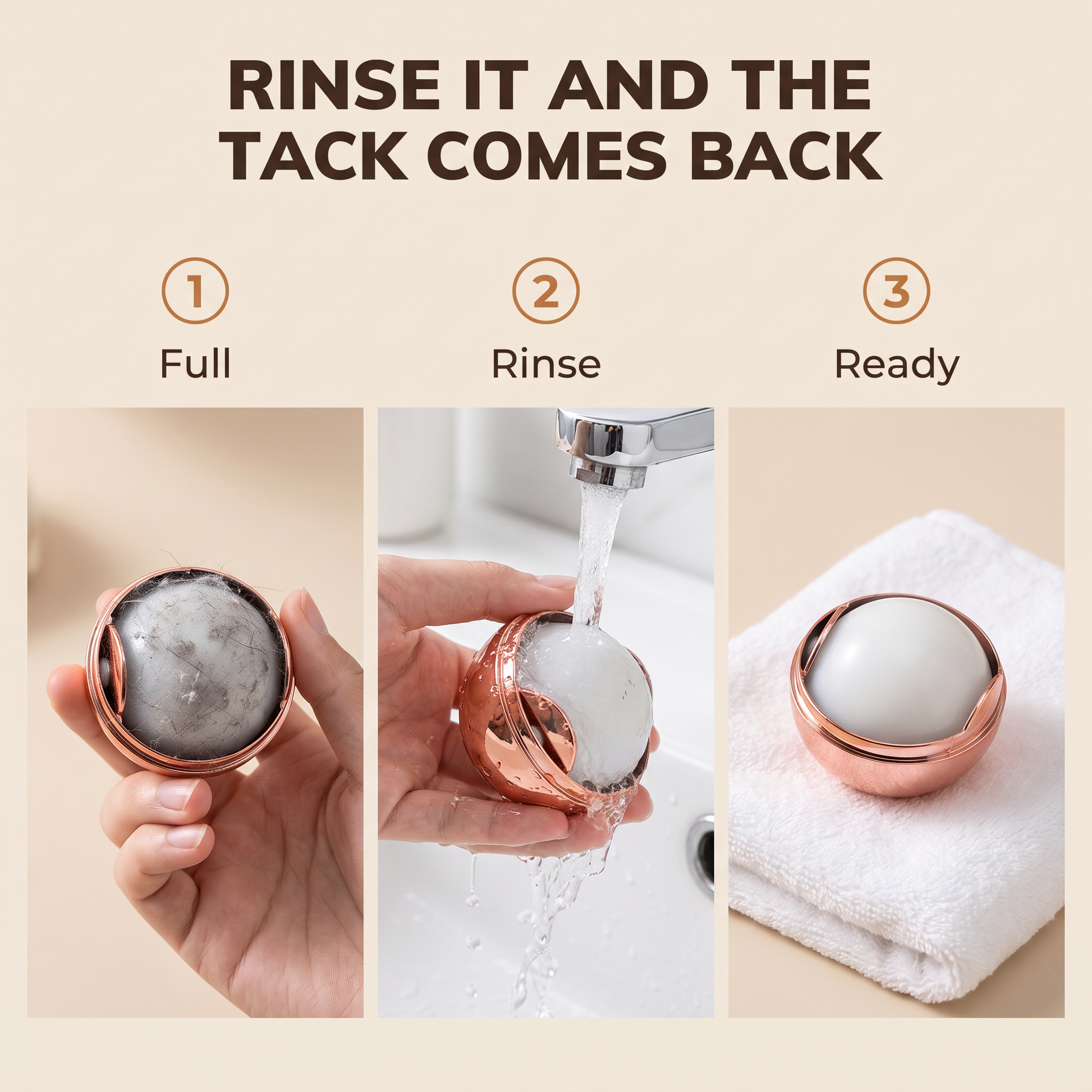 Three steps: the gel surface fills with lint, rinse it under the tap, and it is ready again