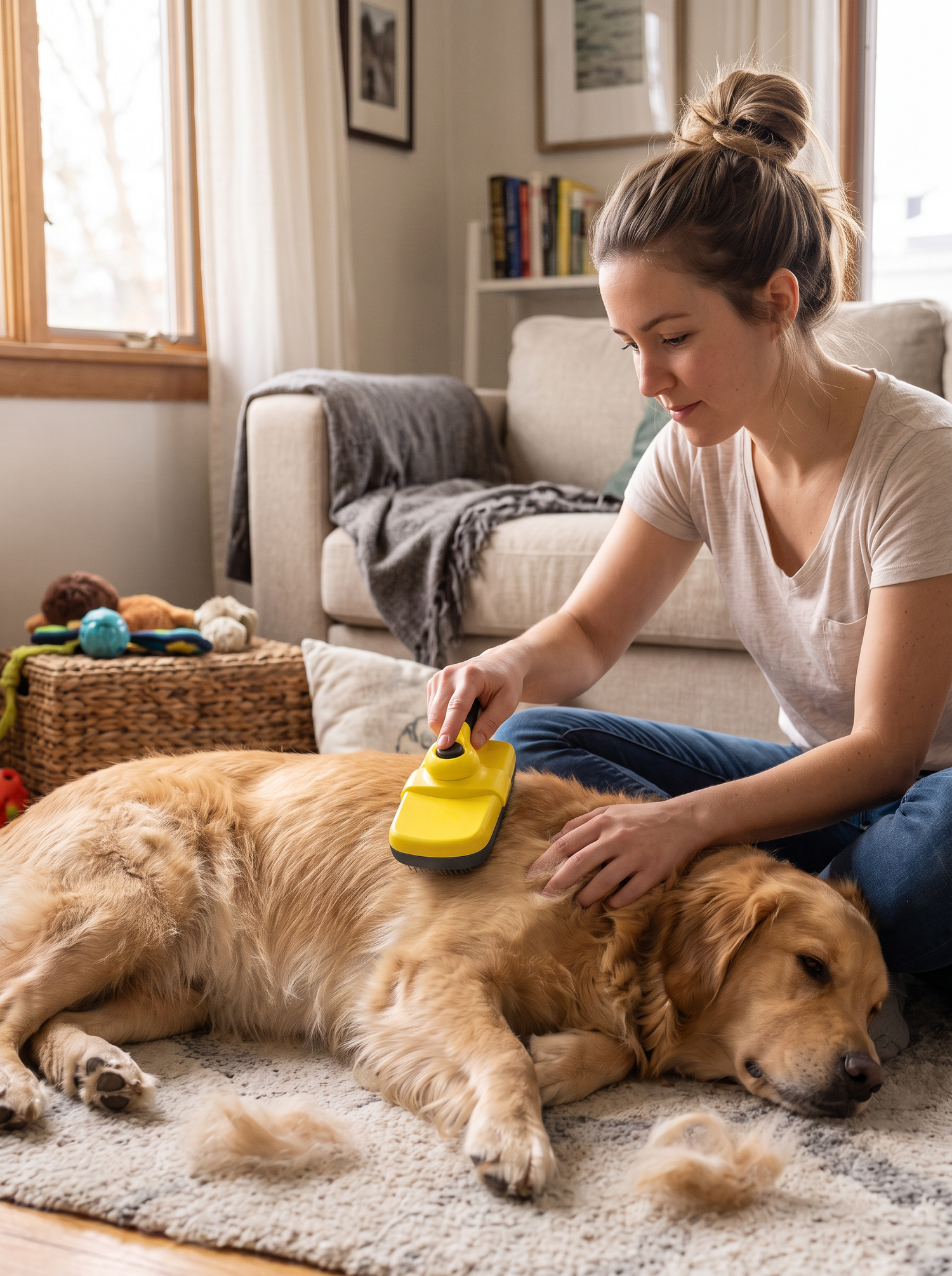 Self cleaning slicker brush working through a dog coat