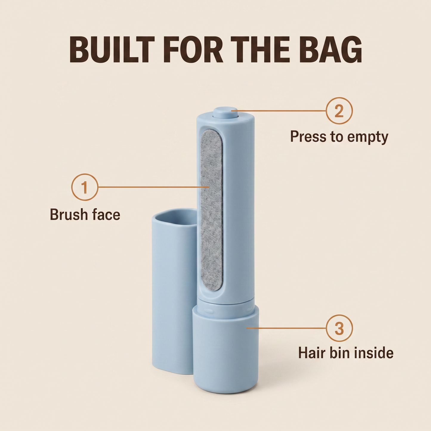 Sidekick travel lint brush labelled: brush face, press to empty, hair bin inside