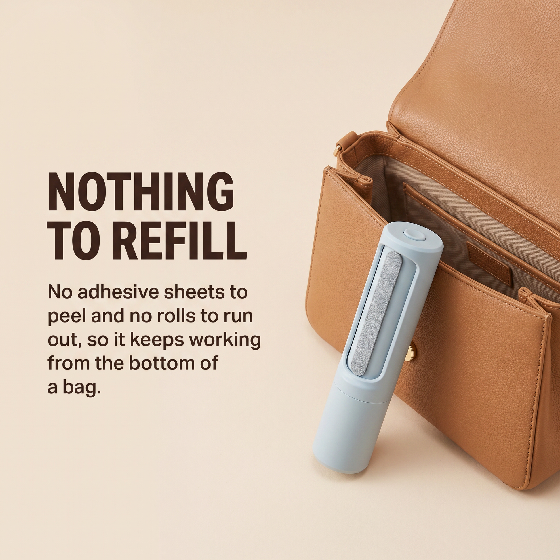 The travel lint brush beside a handbag, showing how slim it is to carry