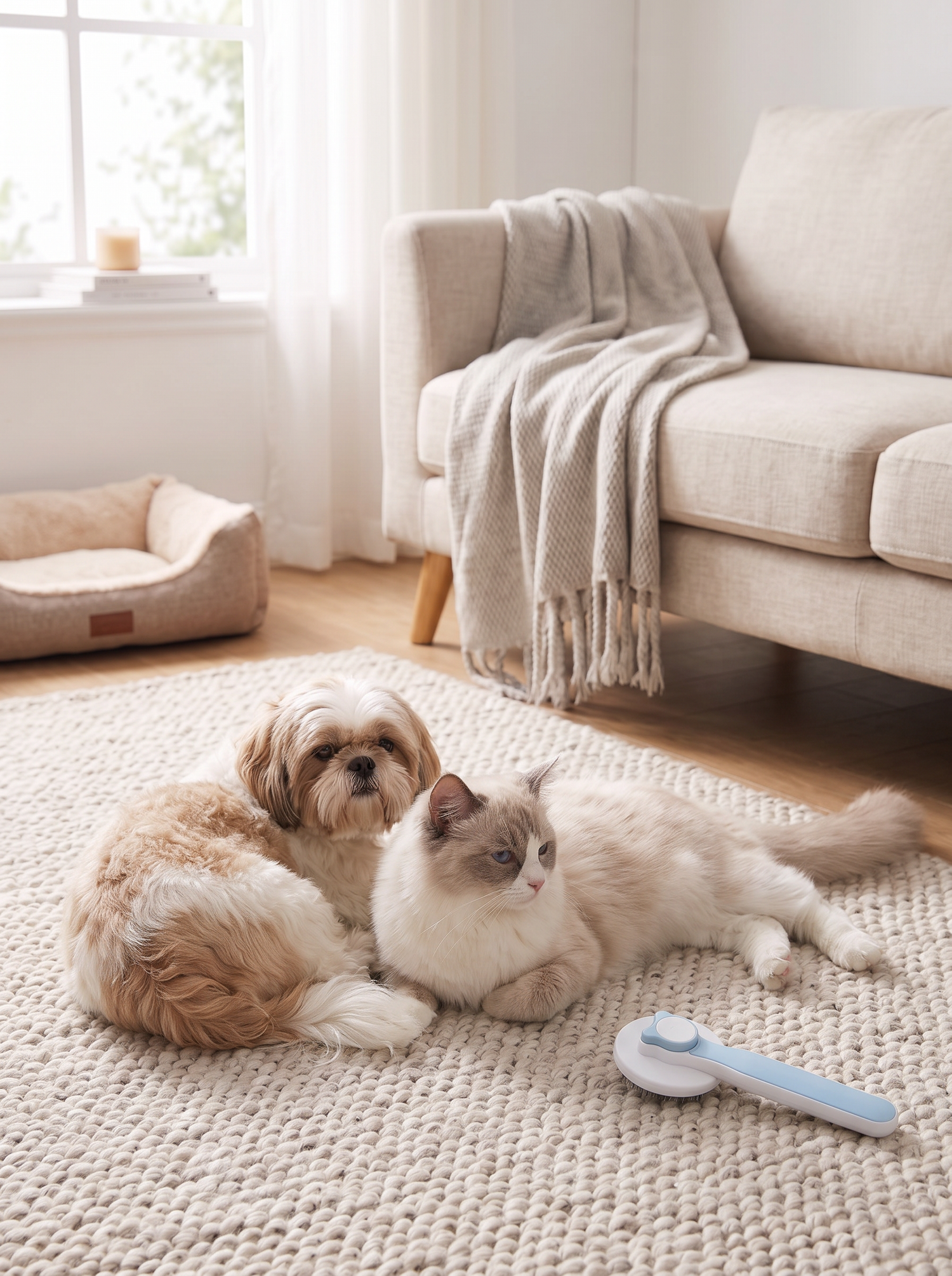 Sleek settled pet on a clean rug after deshedding