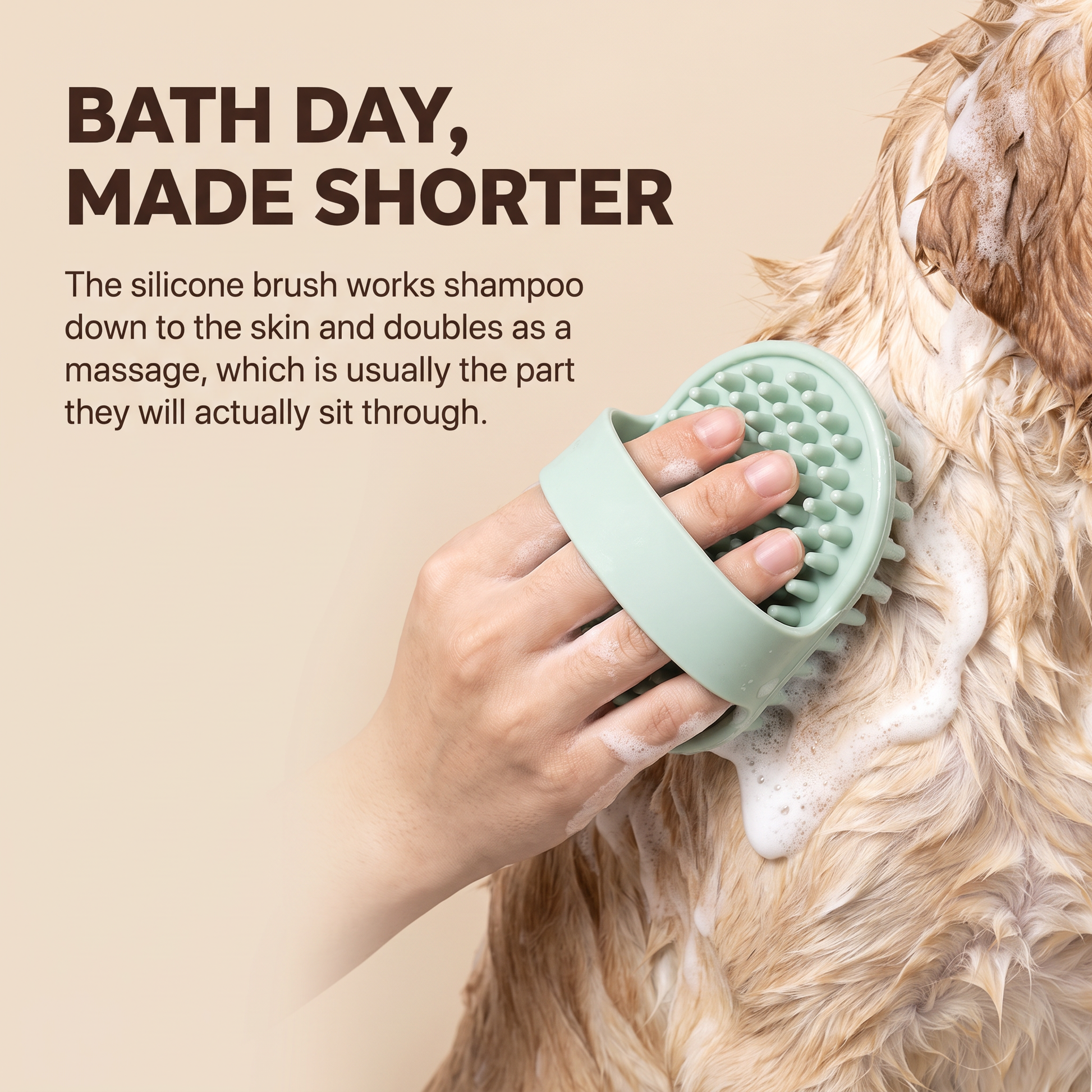 The silicone bath and massage brush working shampoo through a wet coat