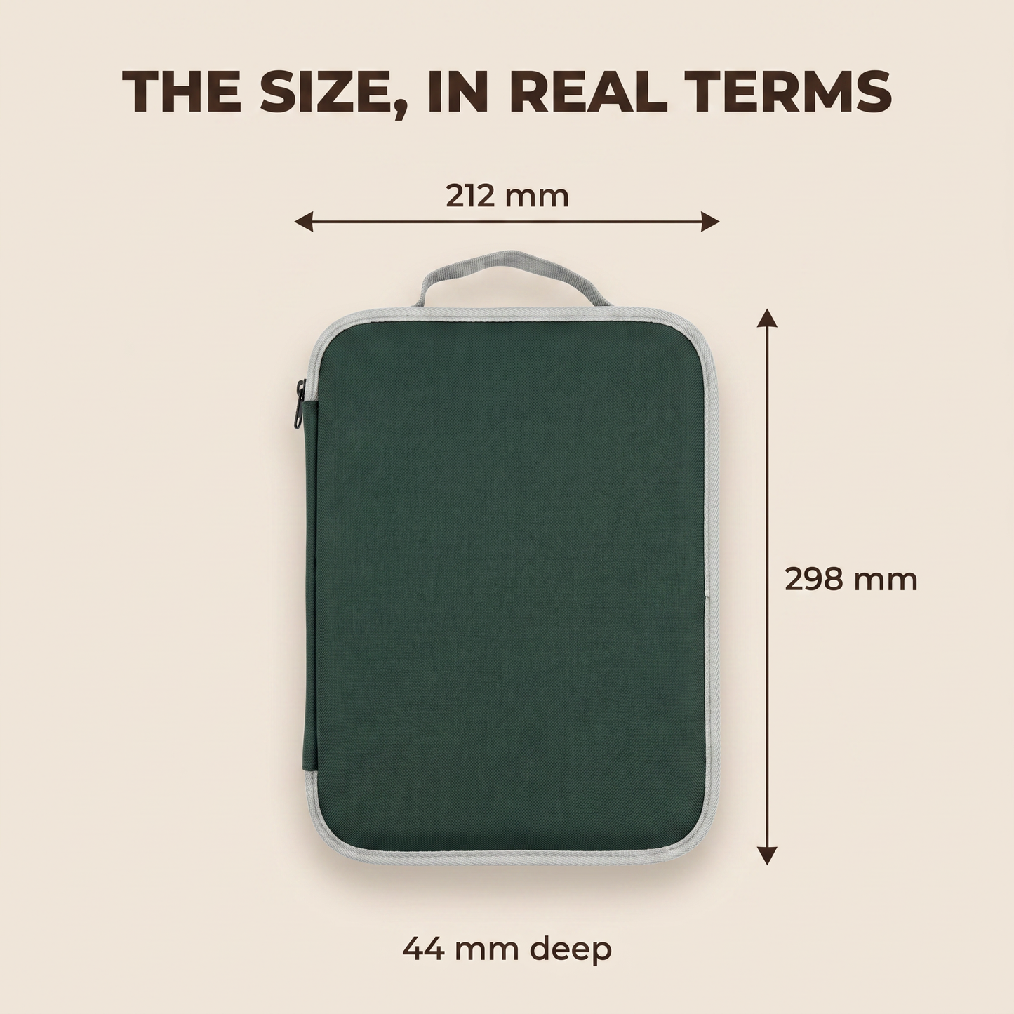 The zip up carry case measures 212 by 298 mm and 44 mm deep