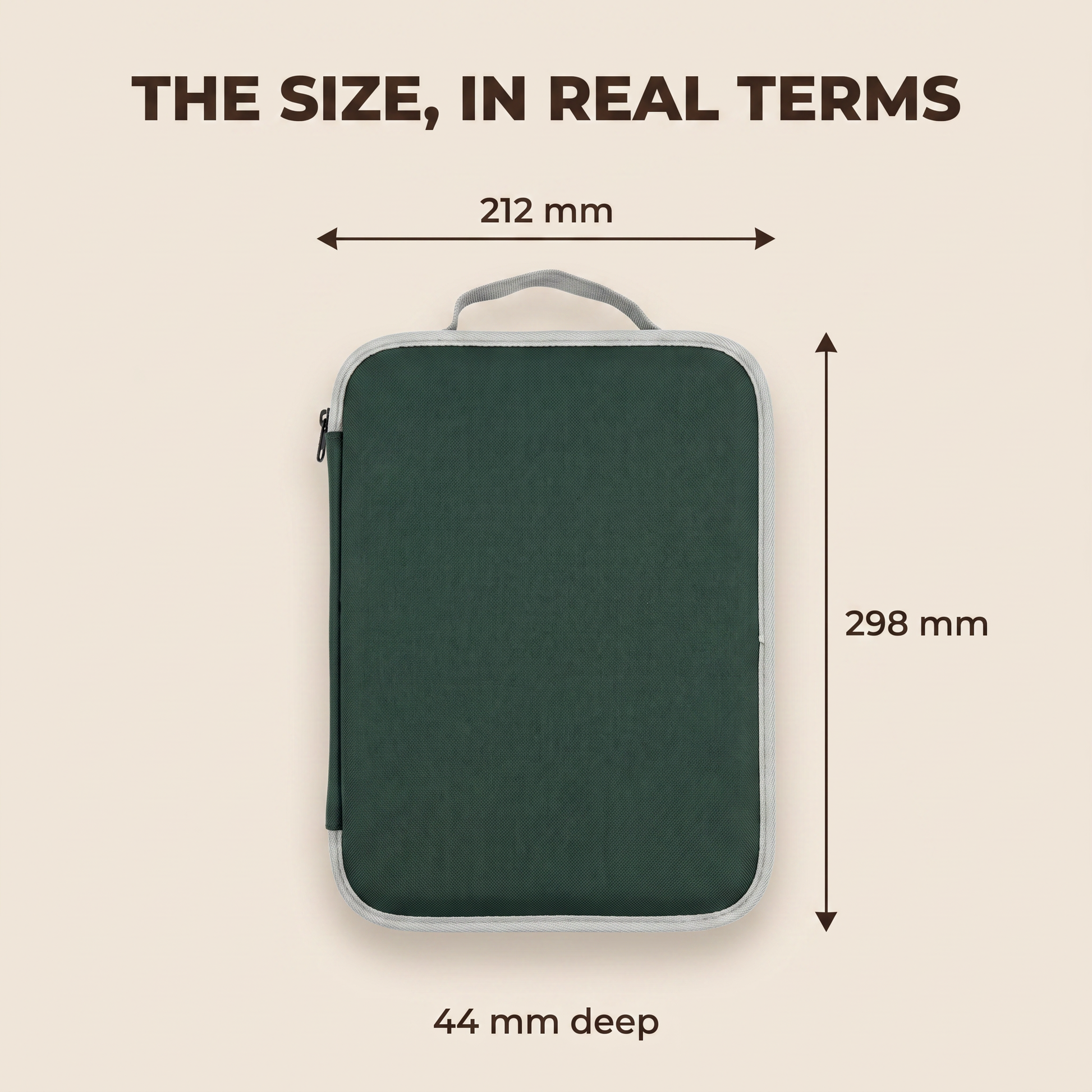 The zip up carry case measures 212 by 298 mm and 44 mm deep