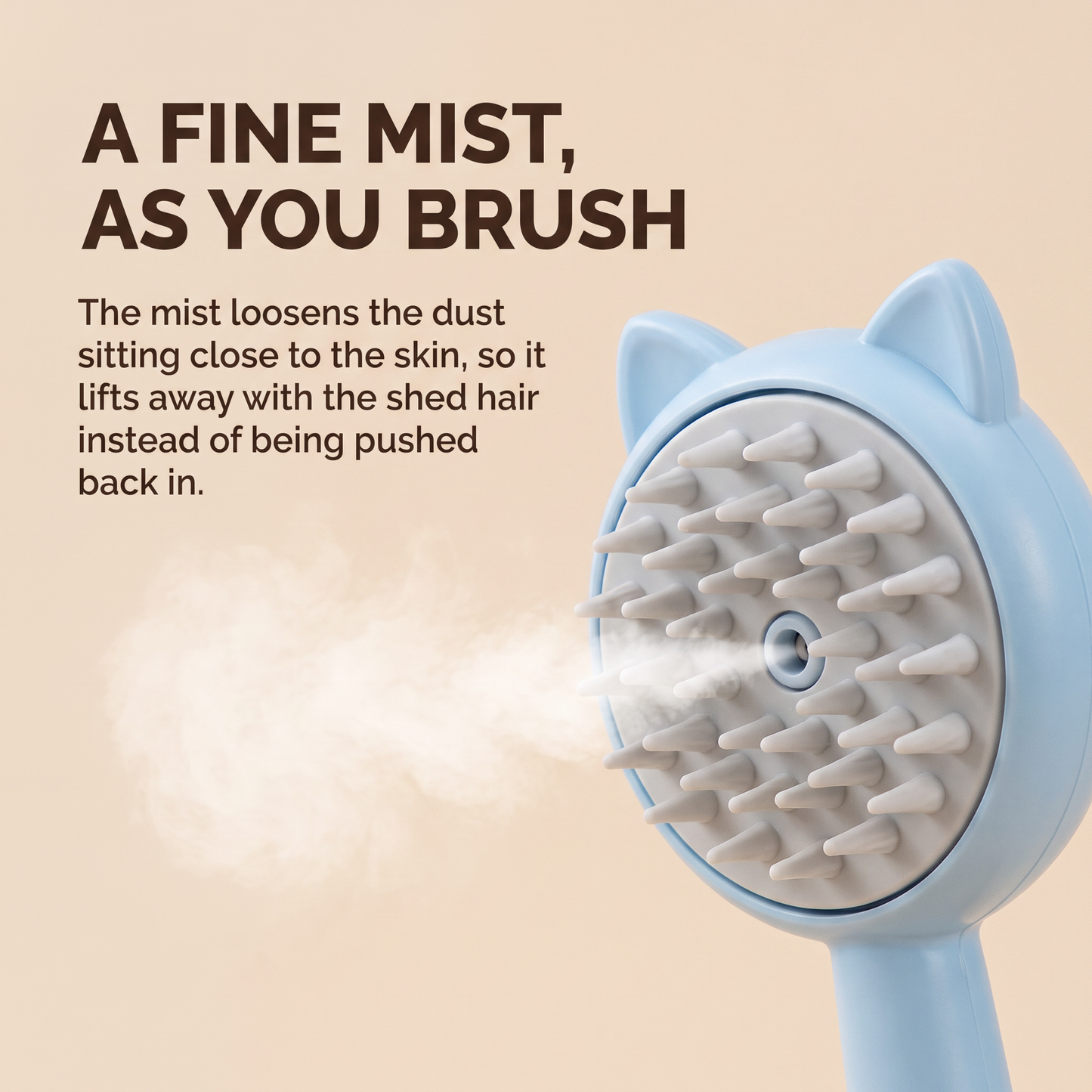 A fine mist releasing from the nozzle in the centre of the brush head