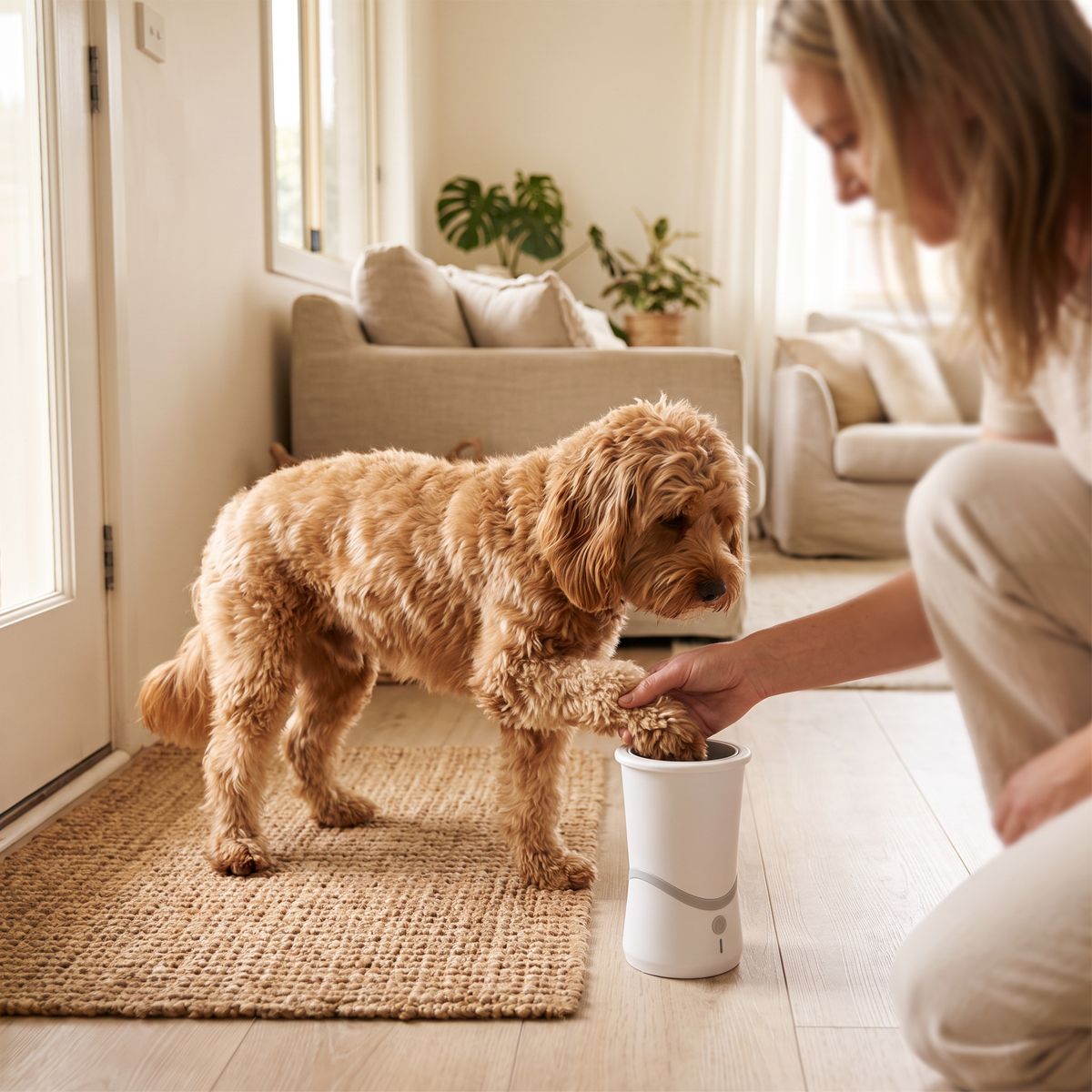 An owner lowering a small dog's paw into the Doorstep Paw Wash by the front door
