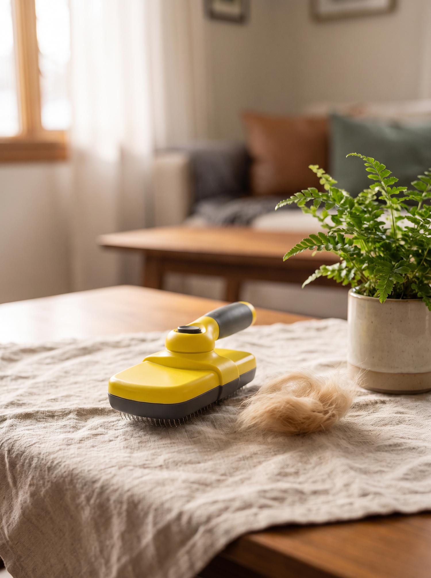 Self cleaning slicker brush on a table with collected fur beside it