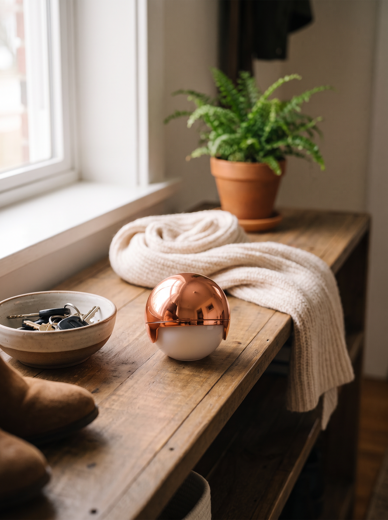 Lint remover ball on a hallway console beside a bowl of keys