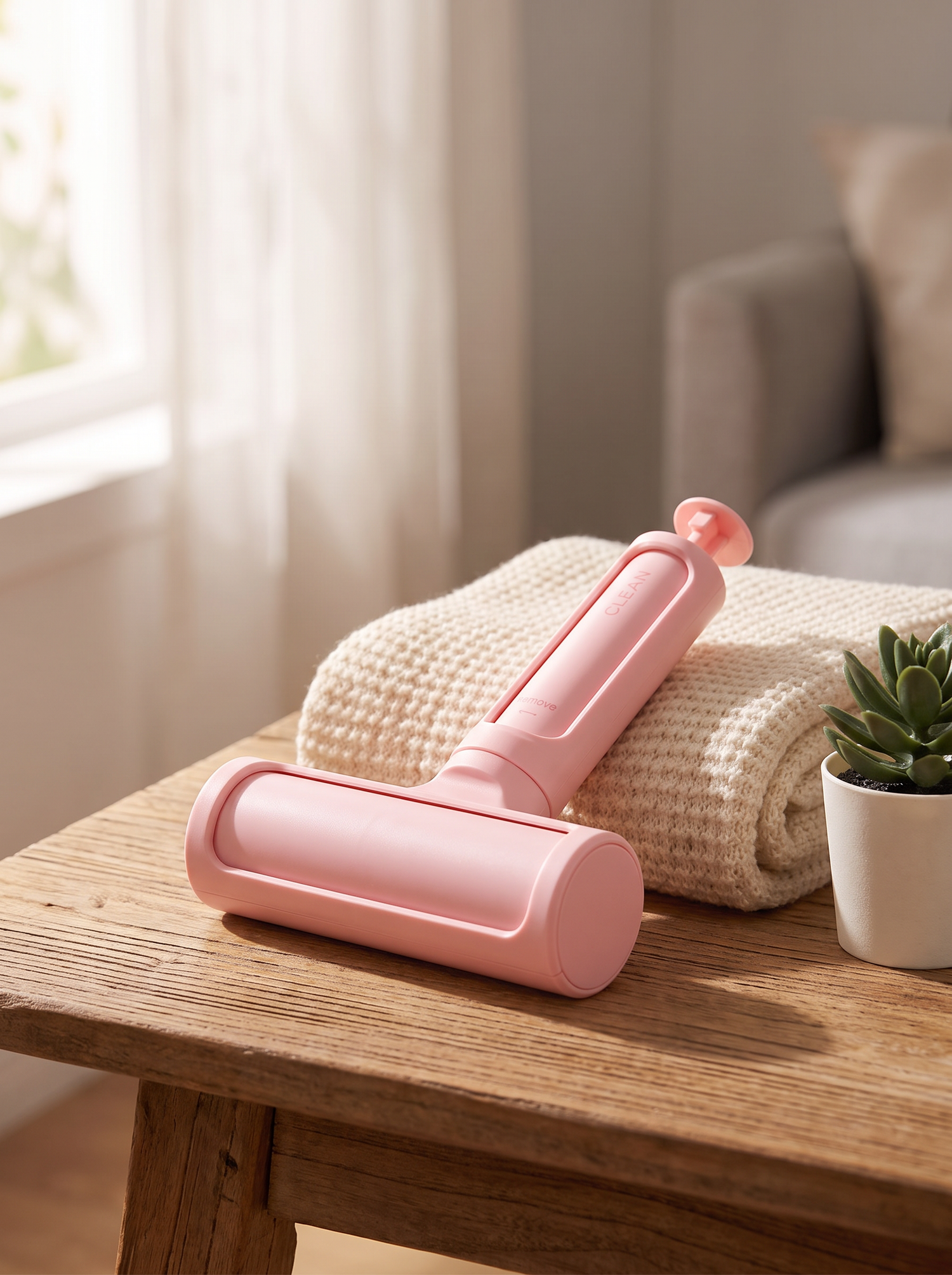 Travel lint brush on a table beside a handbag