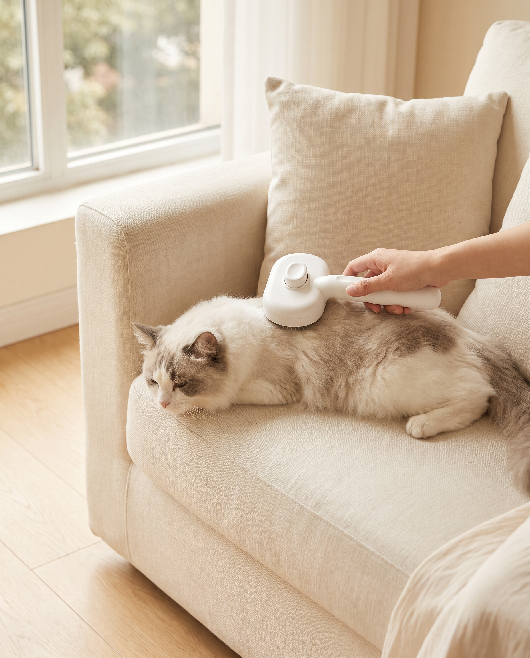 Brushing a long haired cat on the sofa with the white mist brush