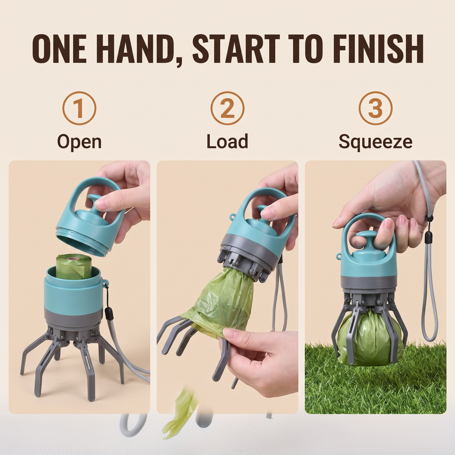Three steps: open the lid, load a bag onto the claws, squeeze the handle to close them