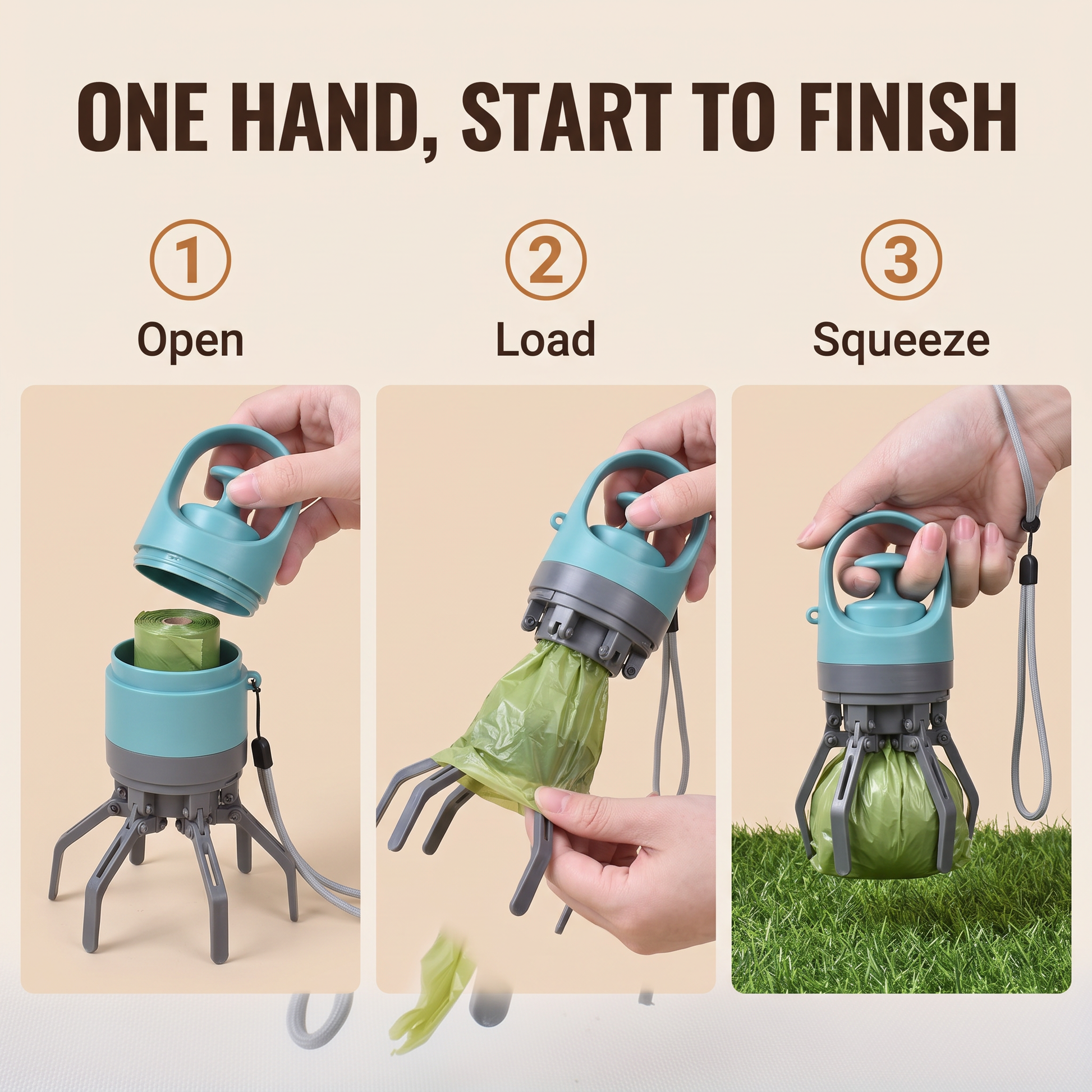 Three steps: open the lid, load a bag onto the claws, squeeze the handle to close them