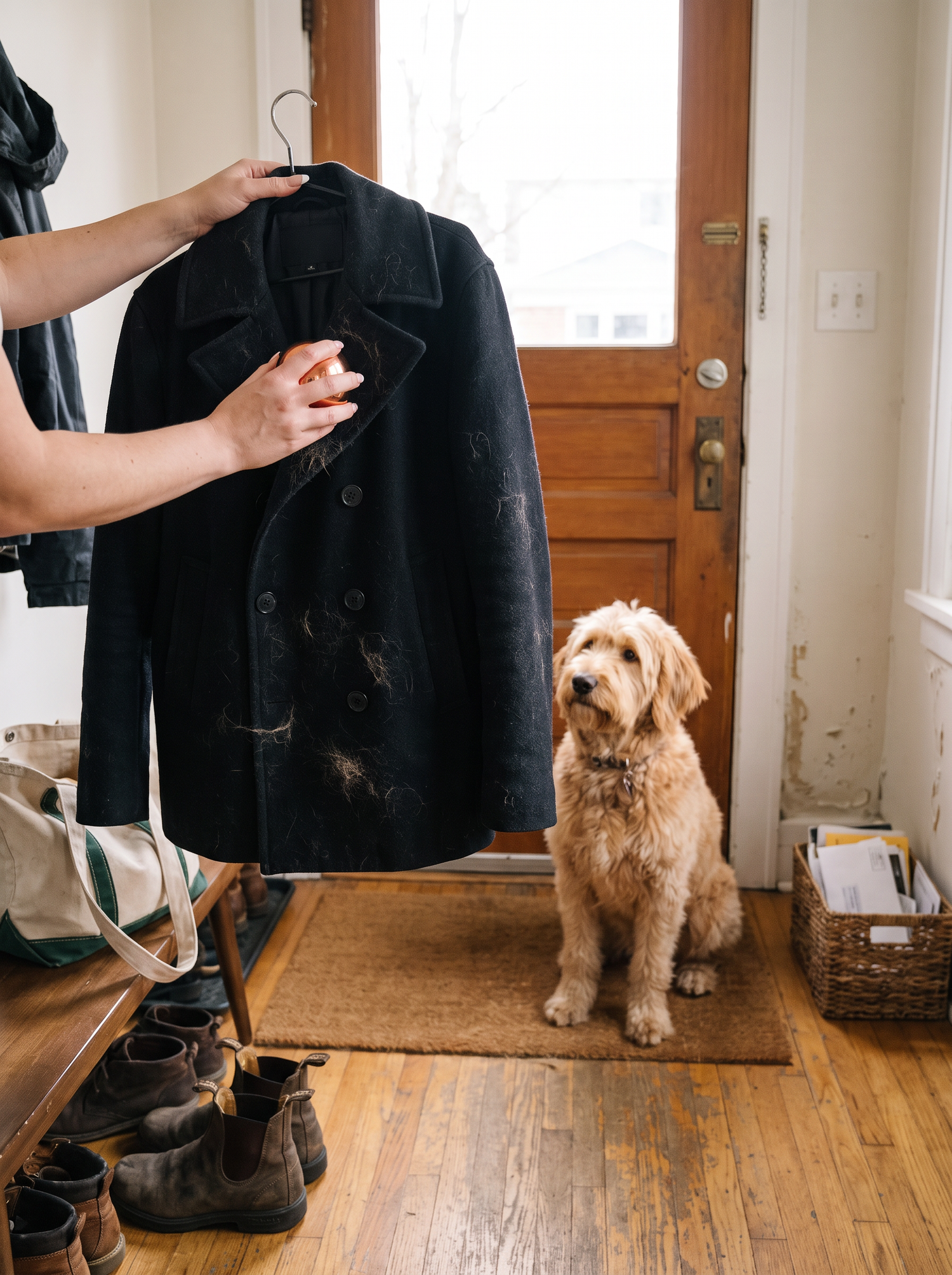 Lint remover ball lifting hair from a dark wool coat