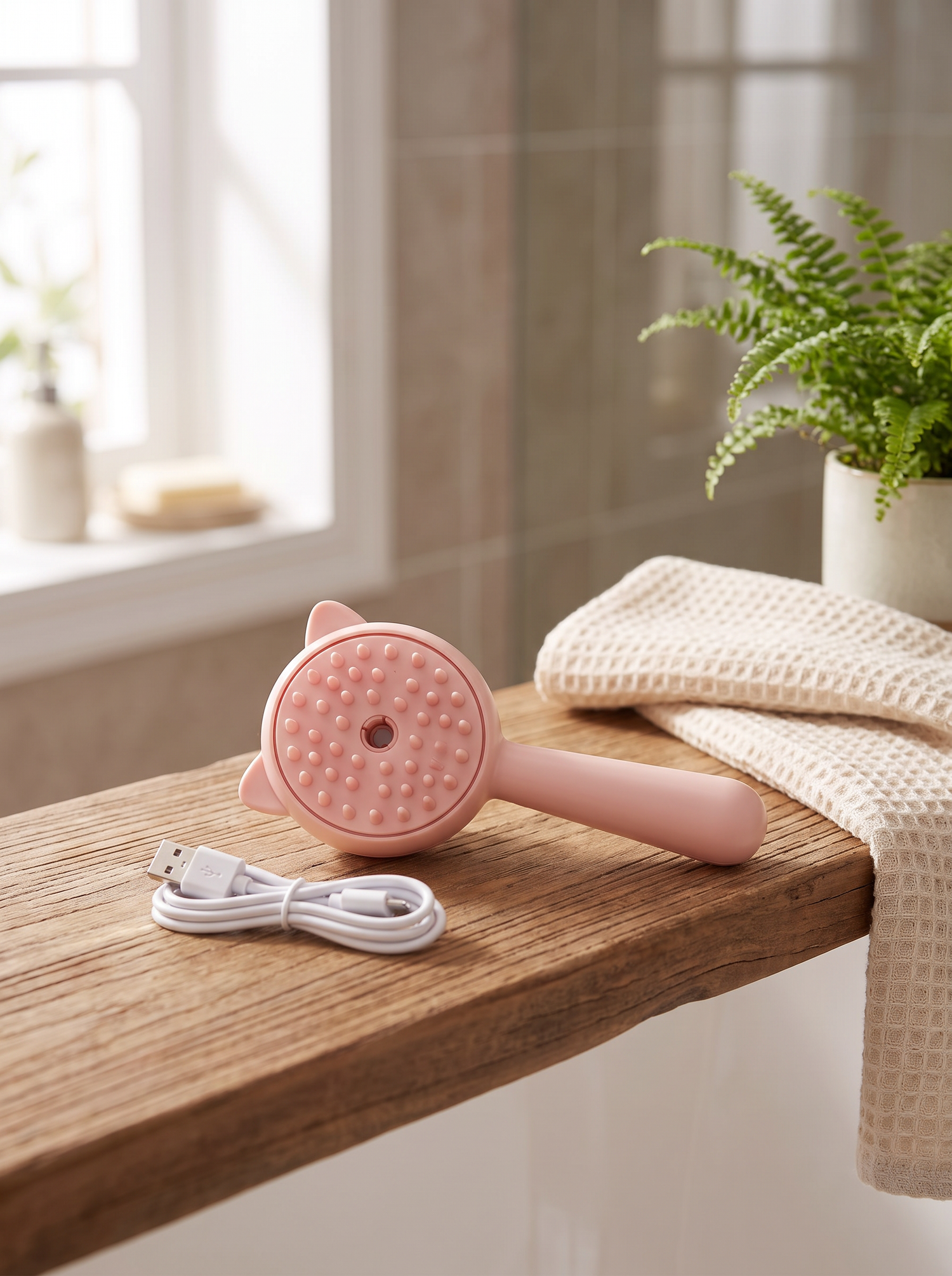 Steam grooming brush resting on a shelf beside a folded towel