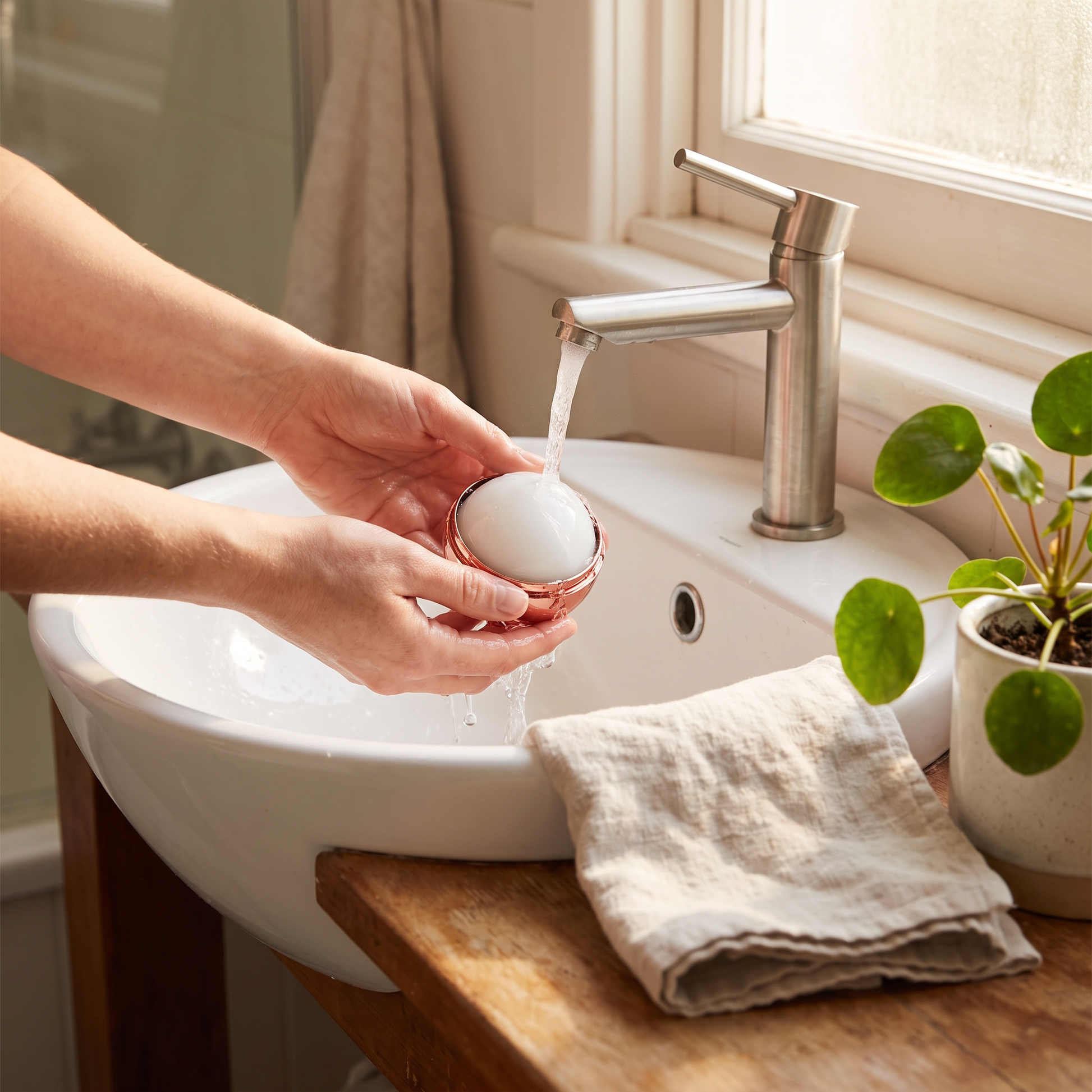 Rinsing the lint remover ball under a running tap to restore the tack