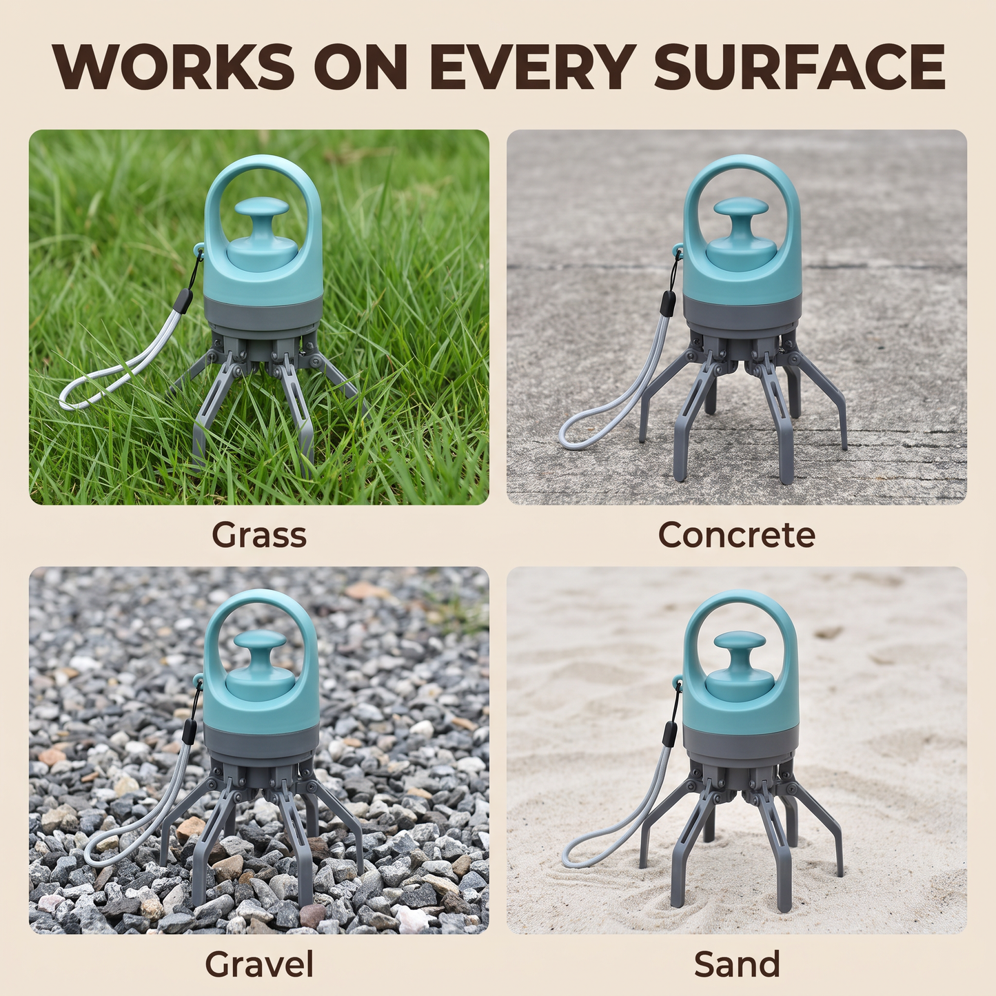 The pooper scooper standing on grass, concrete, gravel and sand