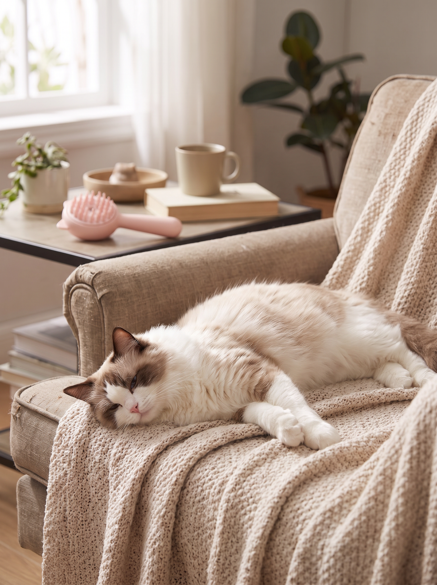Glossy freshly groomed pet stretched out on a couch