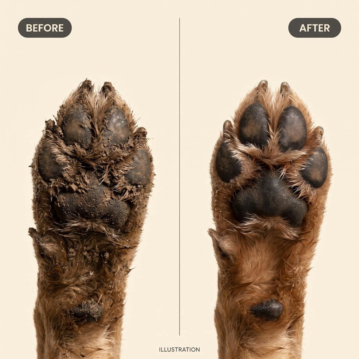 Illustration of a muddy paw before and a clean paw after